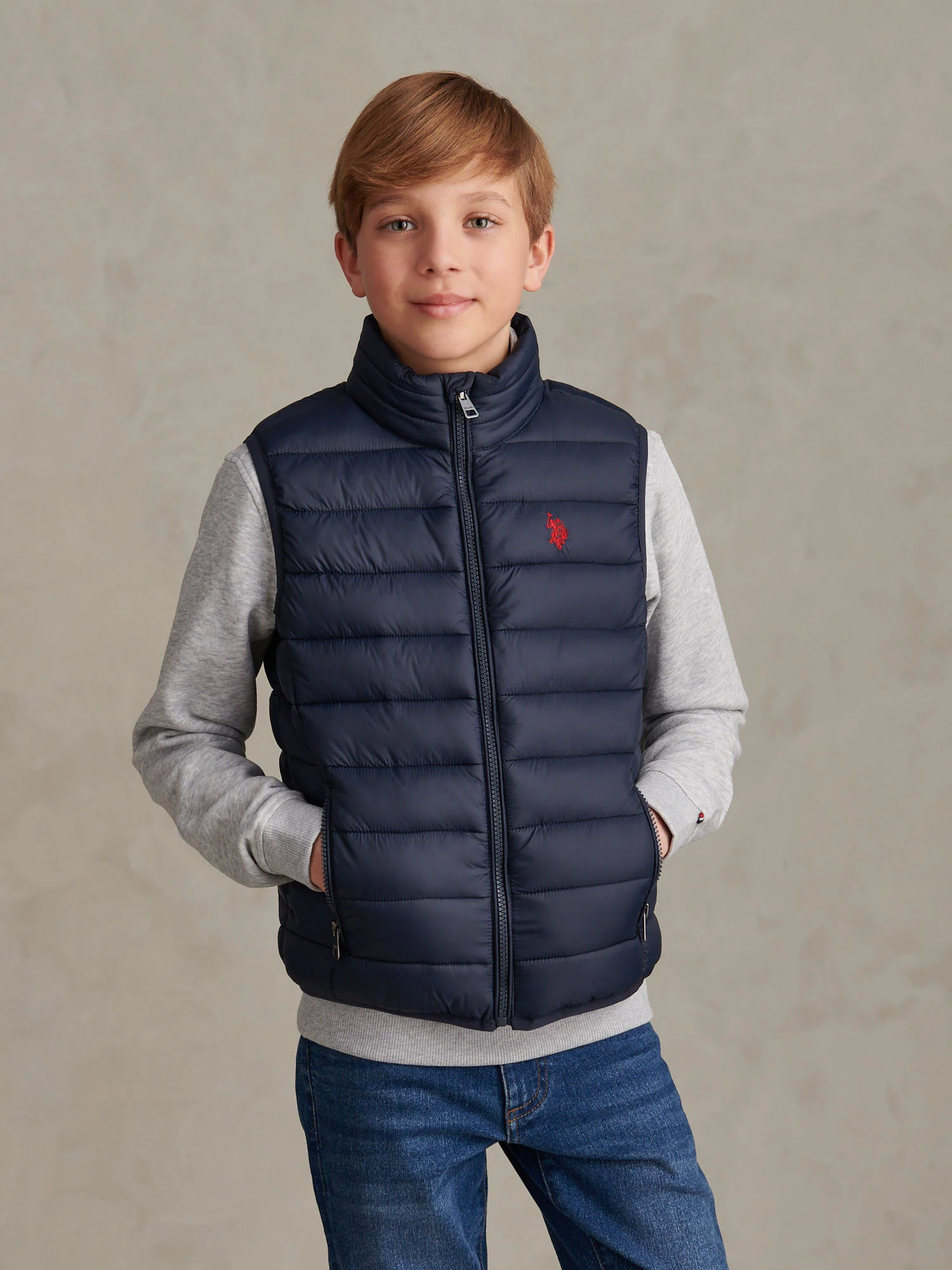 Boys Lightweight Quilted Gilet Dark Sapphire Navy / Haute Red DHM