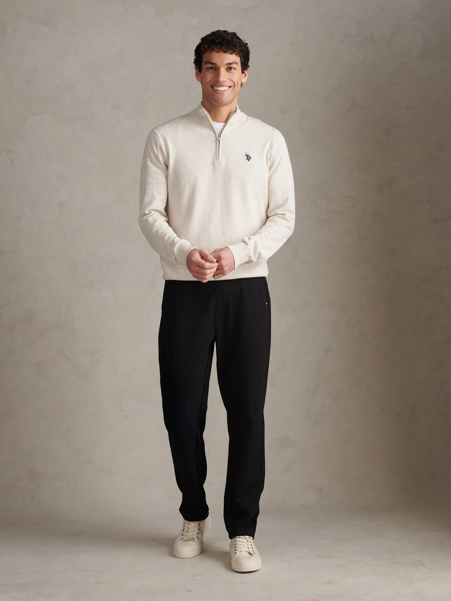 Mens Cotton Quarter Zip Funnel Jumper Birch Marl - Image 3