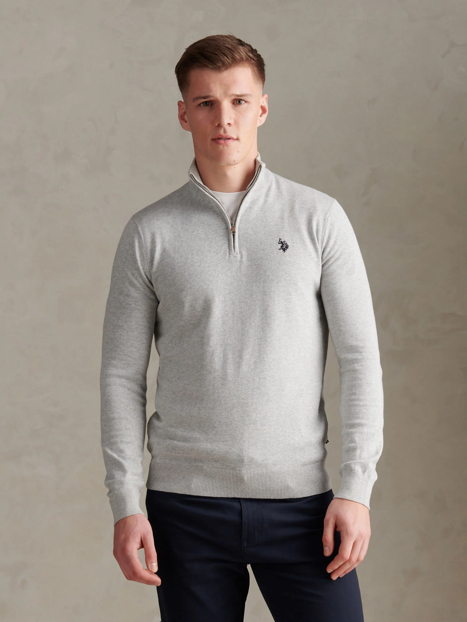 Mens Cotton Quarter Zip Funnel Jumper Mid Grey Marl - Image 4