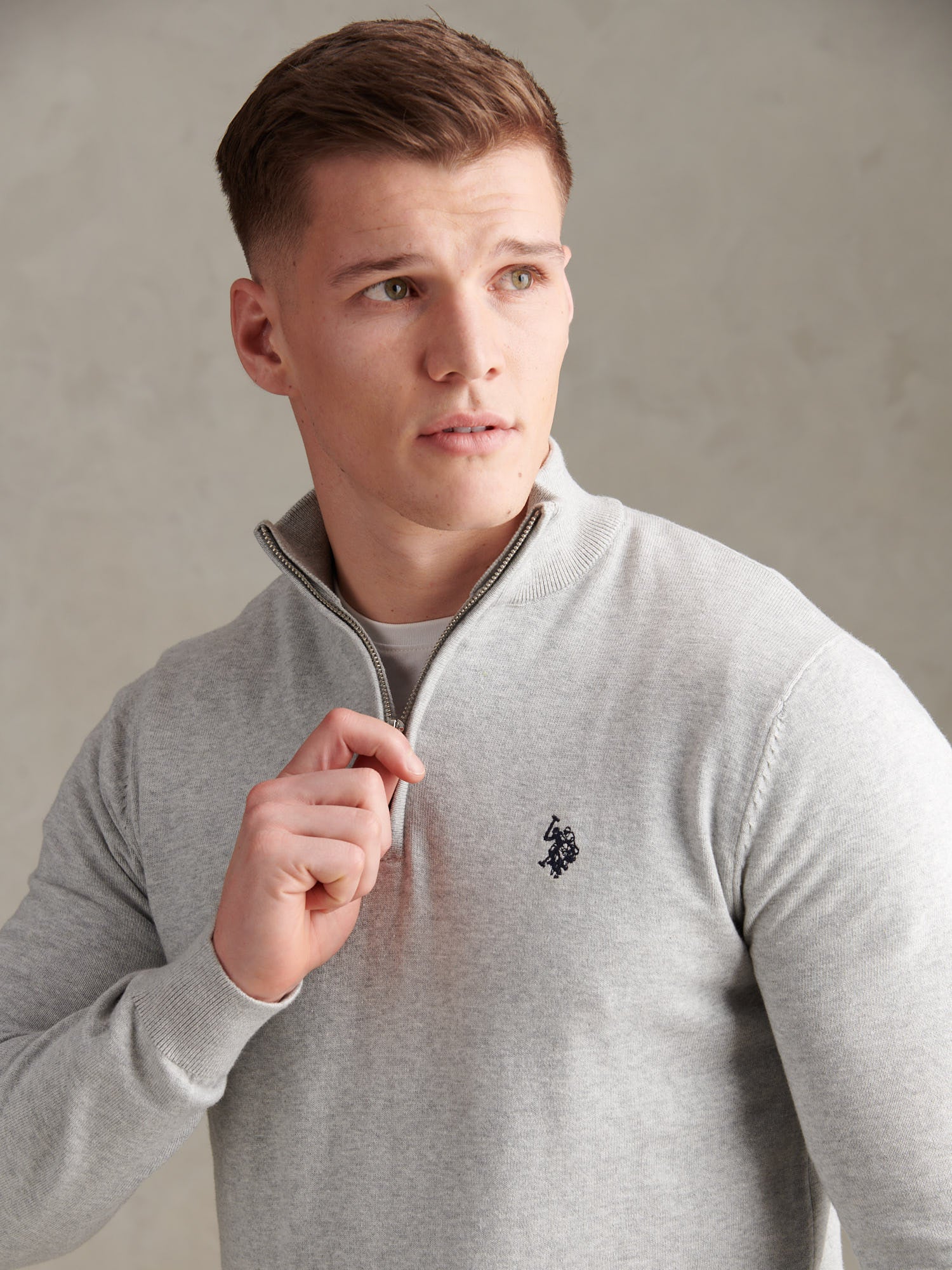 Mens Cotton Quarter Zip Funnel Jumper Mid Grey Marl - Image 5