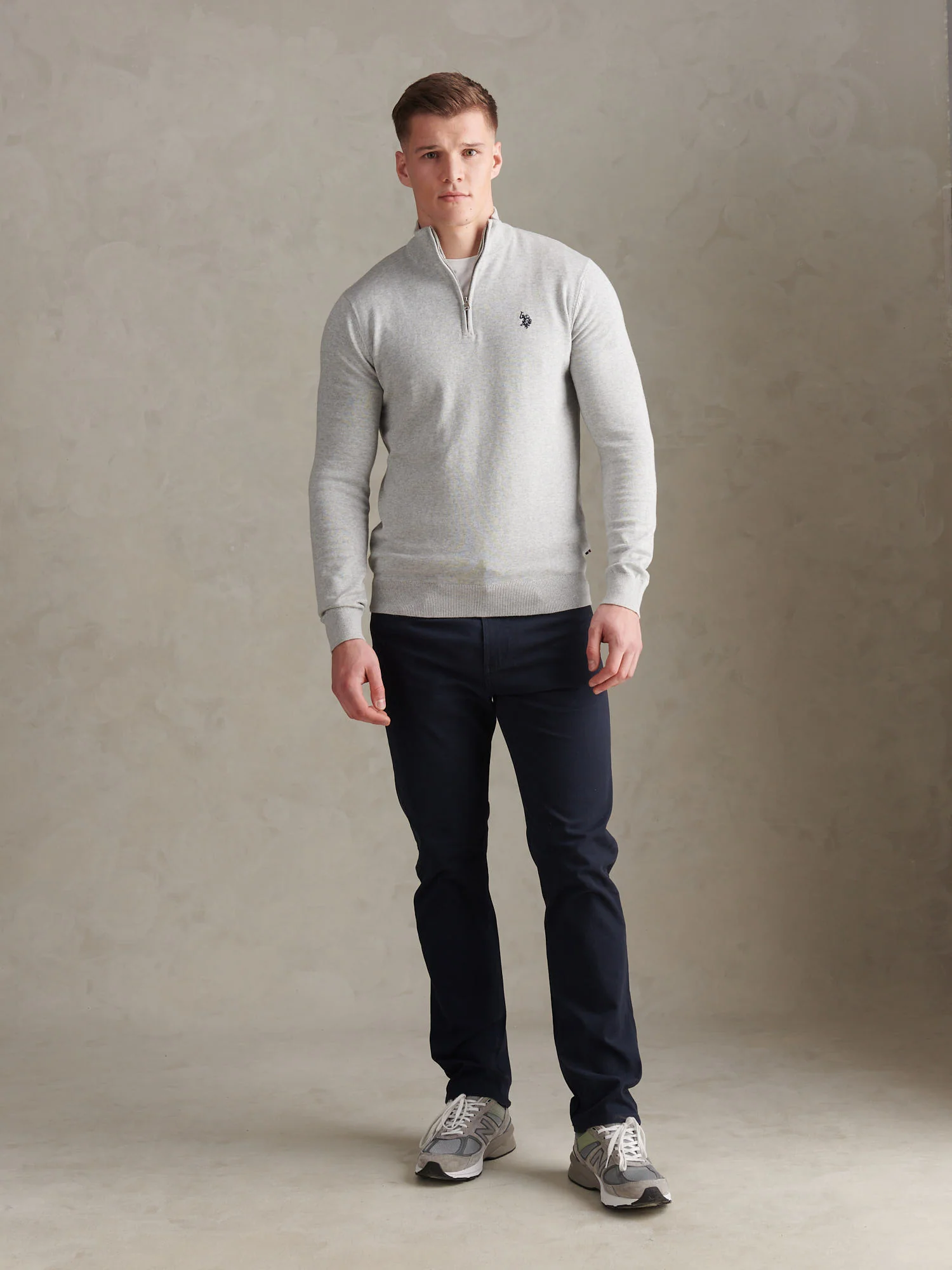 Mens Cotton Quarter Zip Funnel Jumper Mid Grey Marl - Image 6