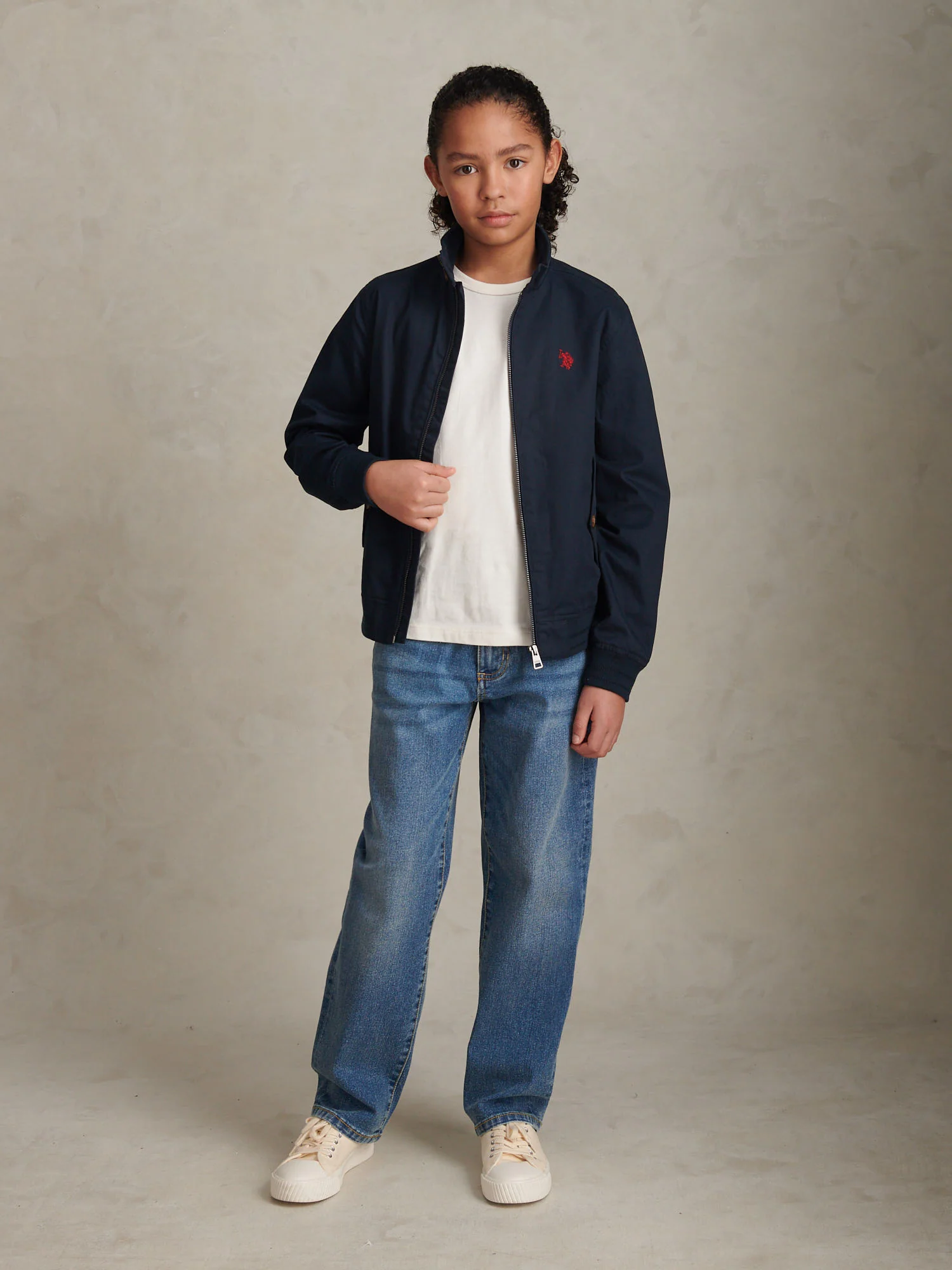 Boys Cotton Twill Harrington Jacket Dark Sapphire Navy / Haute Red DHM - Image 3