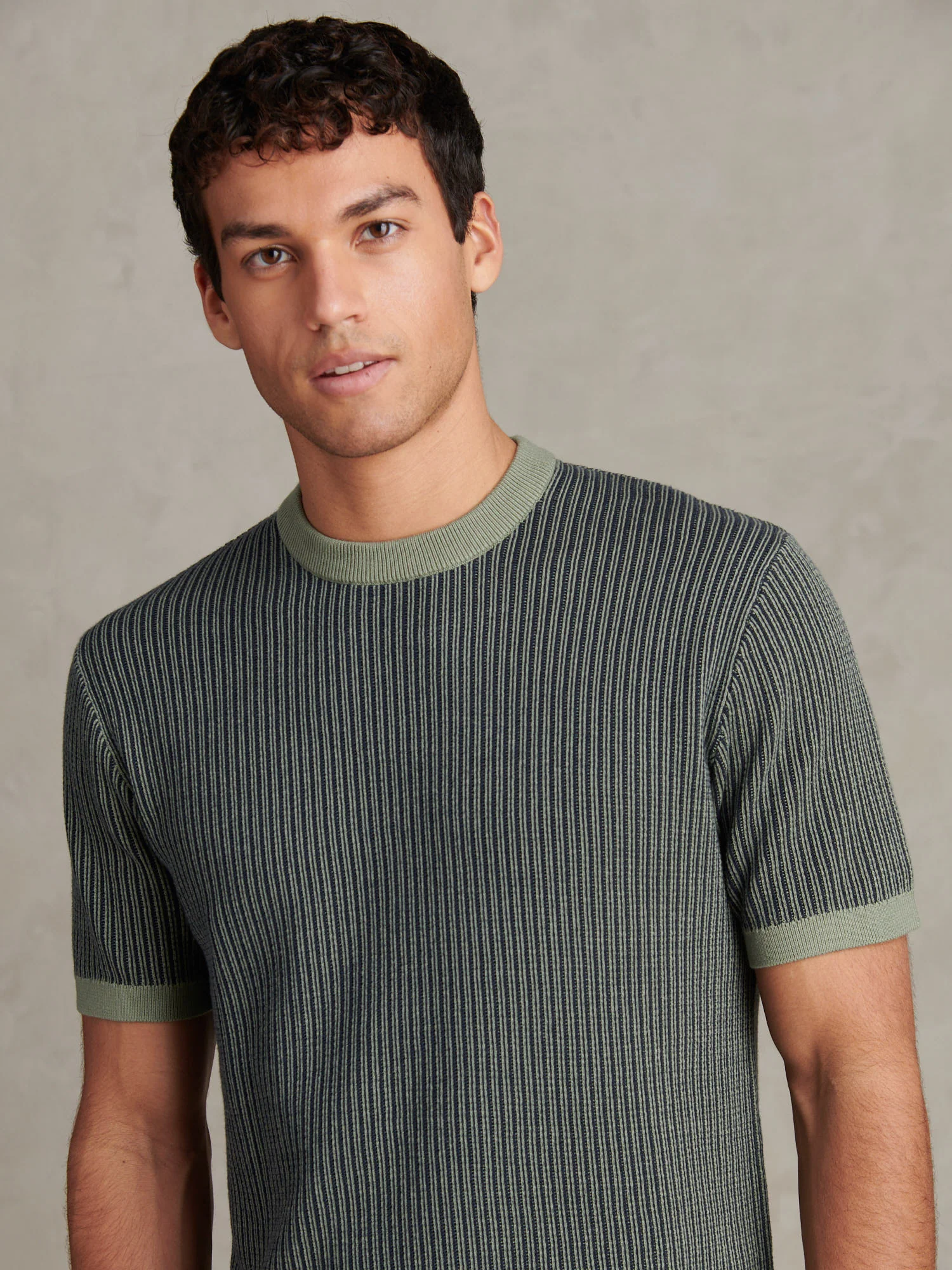 Mens Cotton Vertical Texture Knit T-Shirt Sea Spray - Image 2