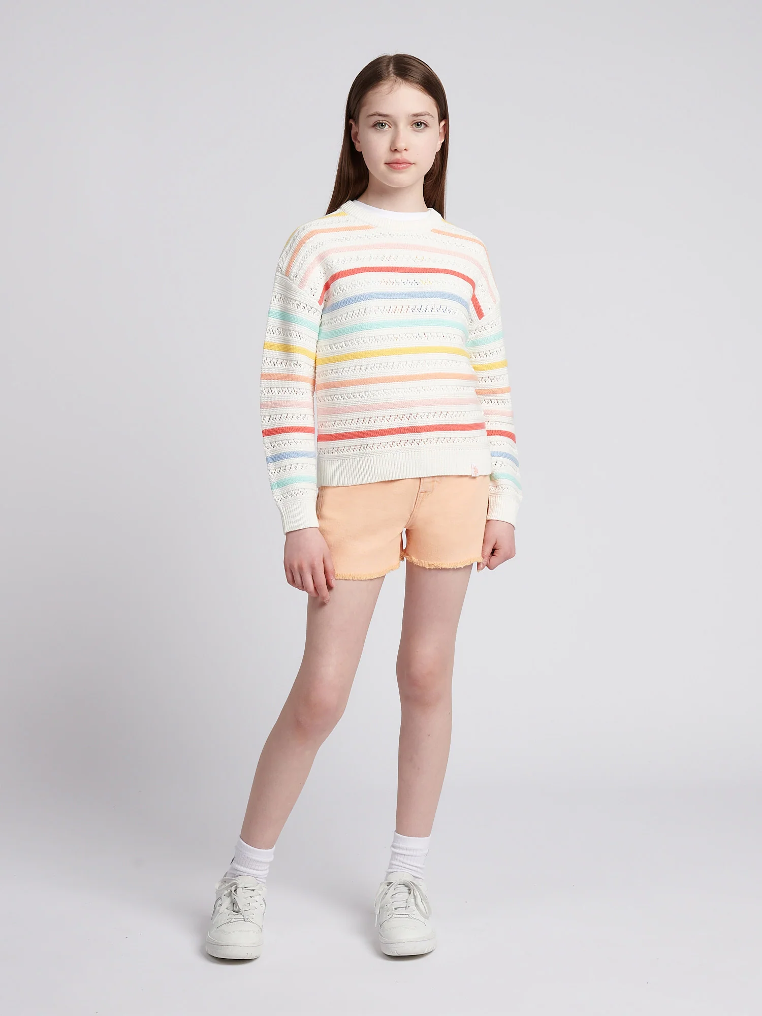 Girls Pointelle Stripe Knit Jumper w jasnym bieli - Image 3
