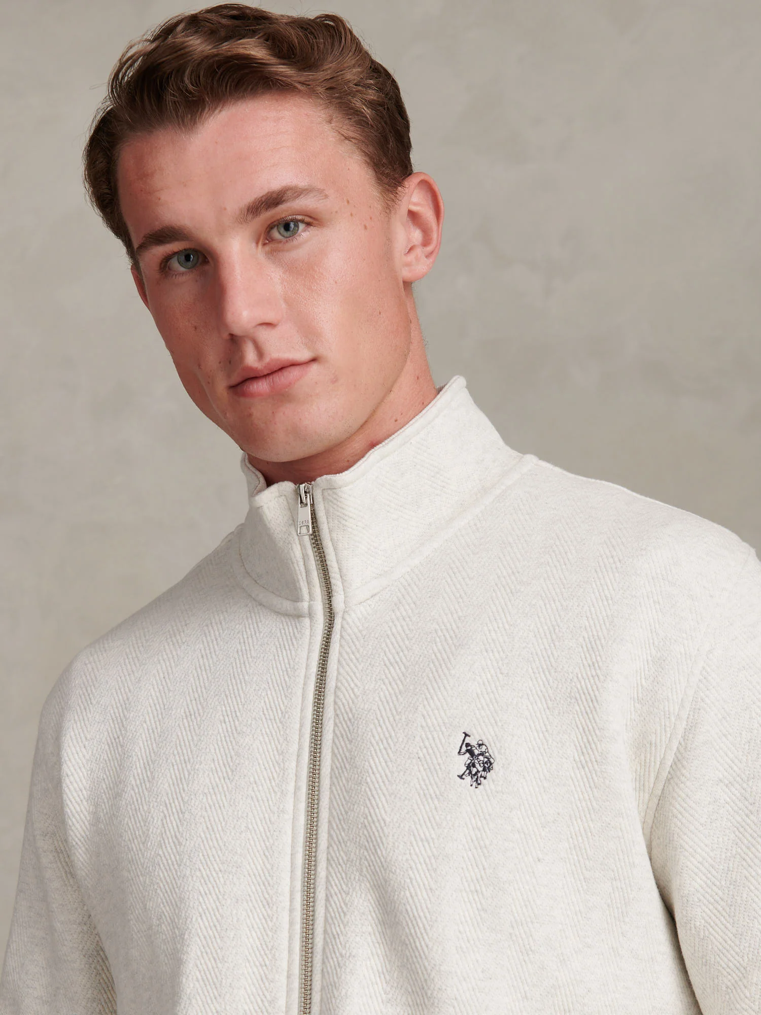Mens Herringbone Zip Funnel Sweatshirt Light Grey Marl - Image 2