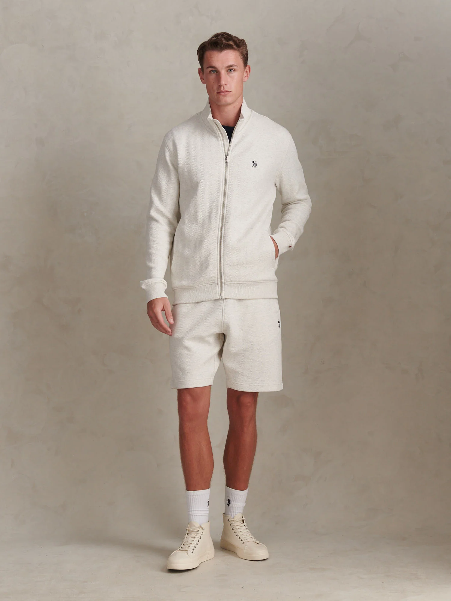 Mens Herringbone Zip Funnel Sweatshirt Light Grey Marl - Image 3