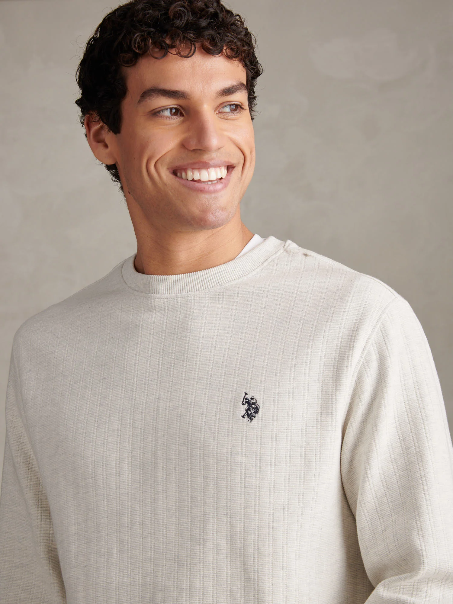 Mens Vertical Texture Double Horsemen Sweatshirt Light Grey Marl - Image 2