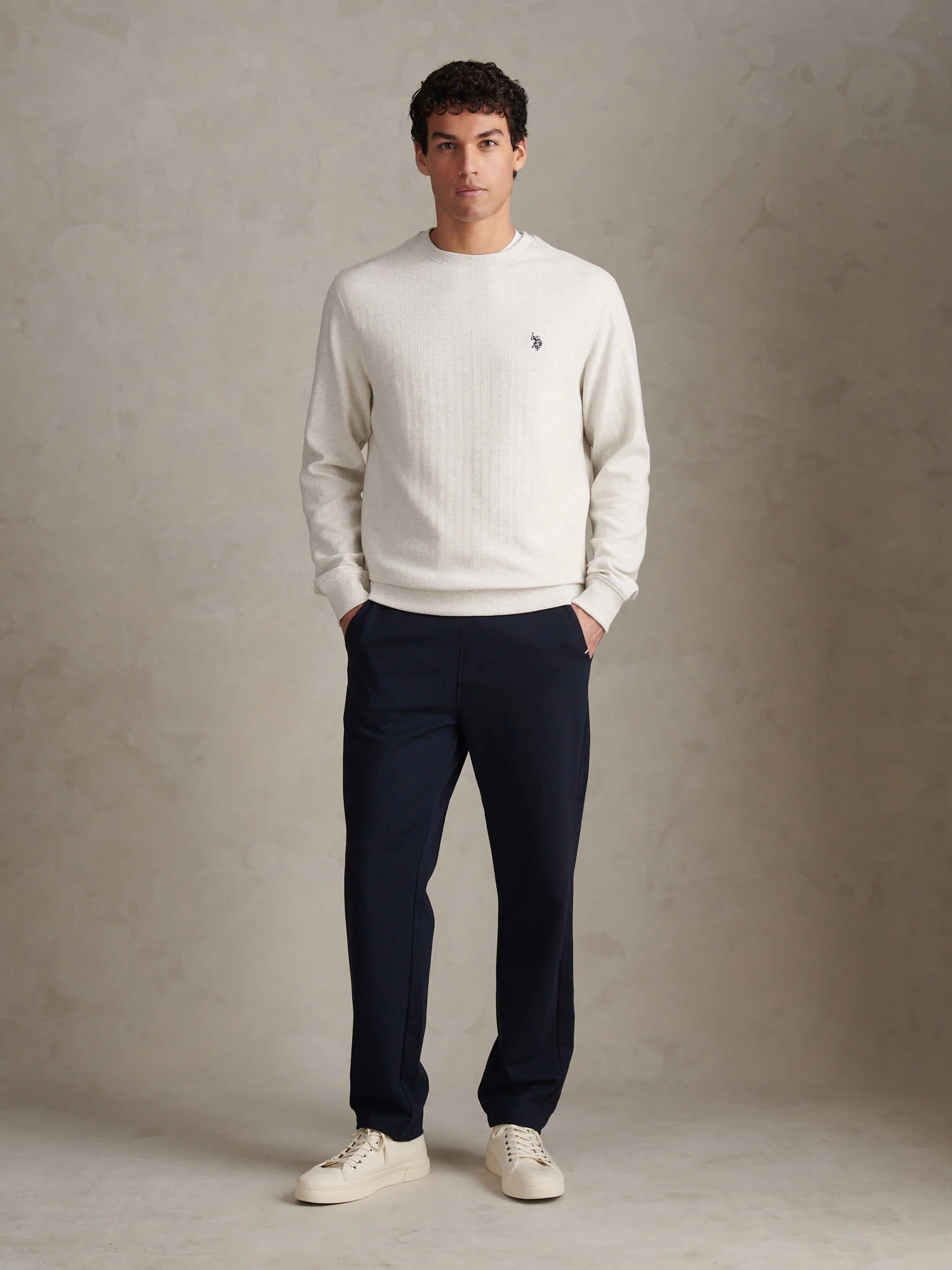 Mens Vertical Texture Double Horsemen Sweatshirt Light Grey Marl - Image 3