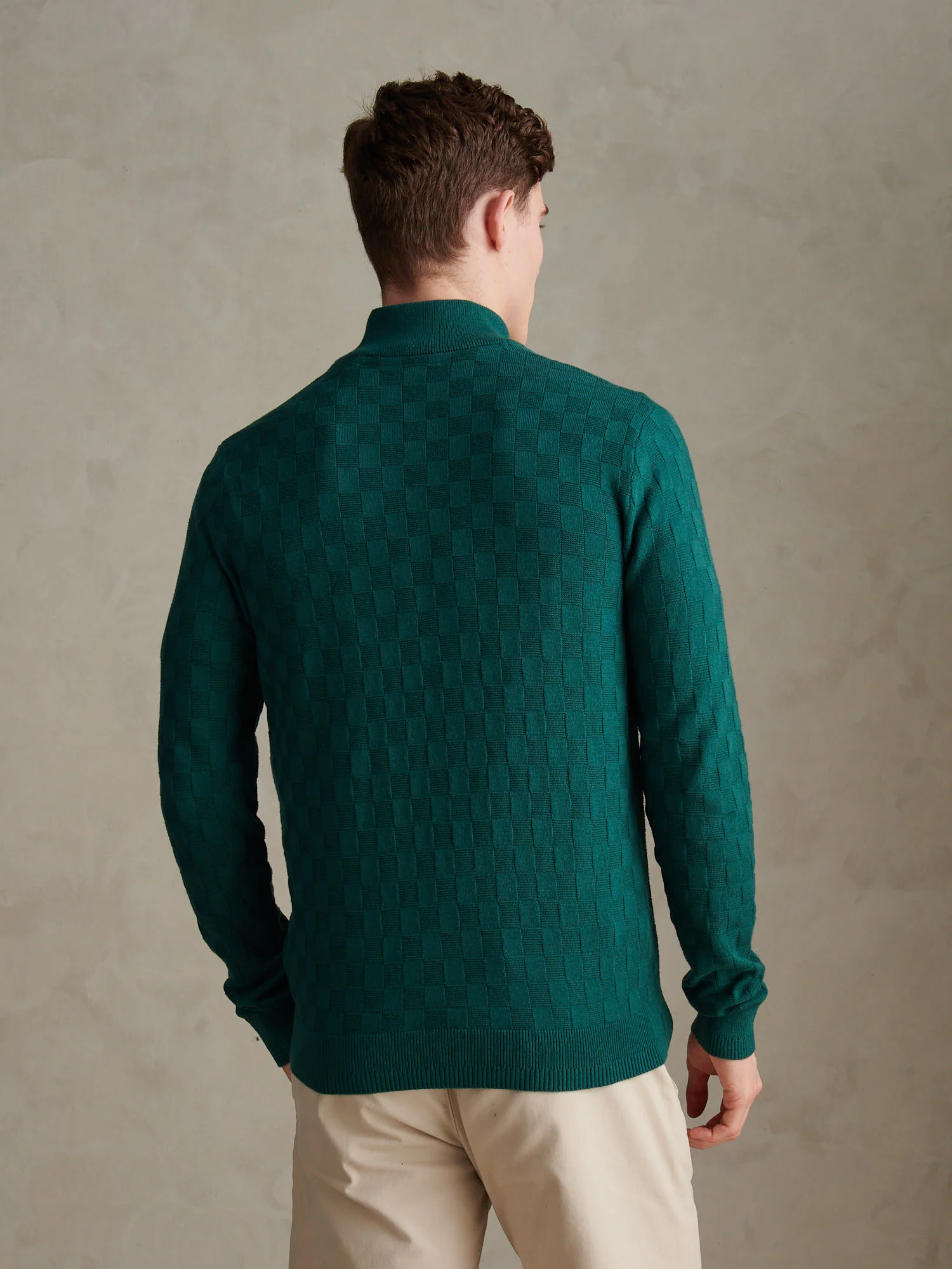 Mens Large Check Knit Quarter Zip Funnel Jumper Mediterranea - Image 4