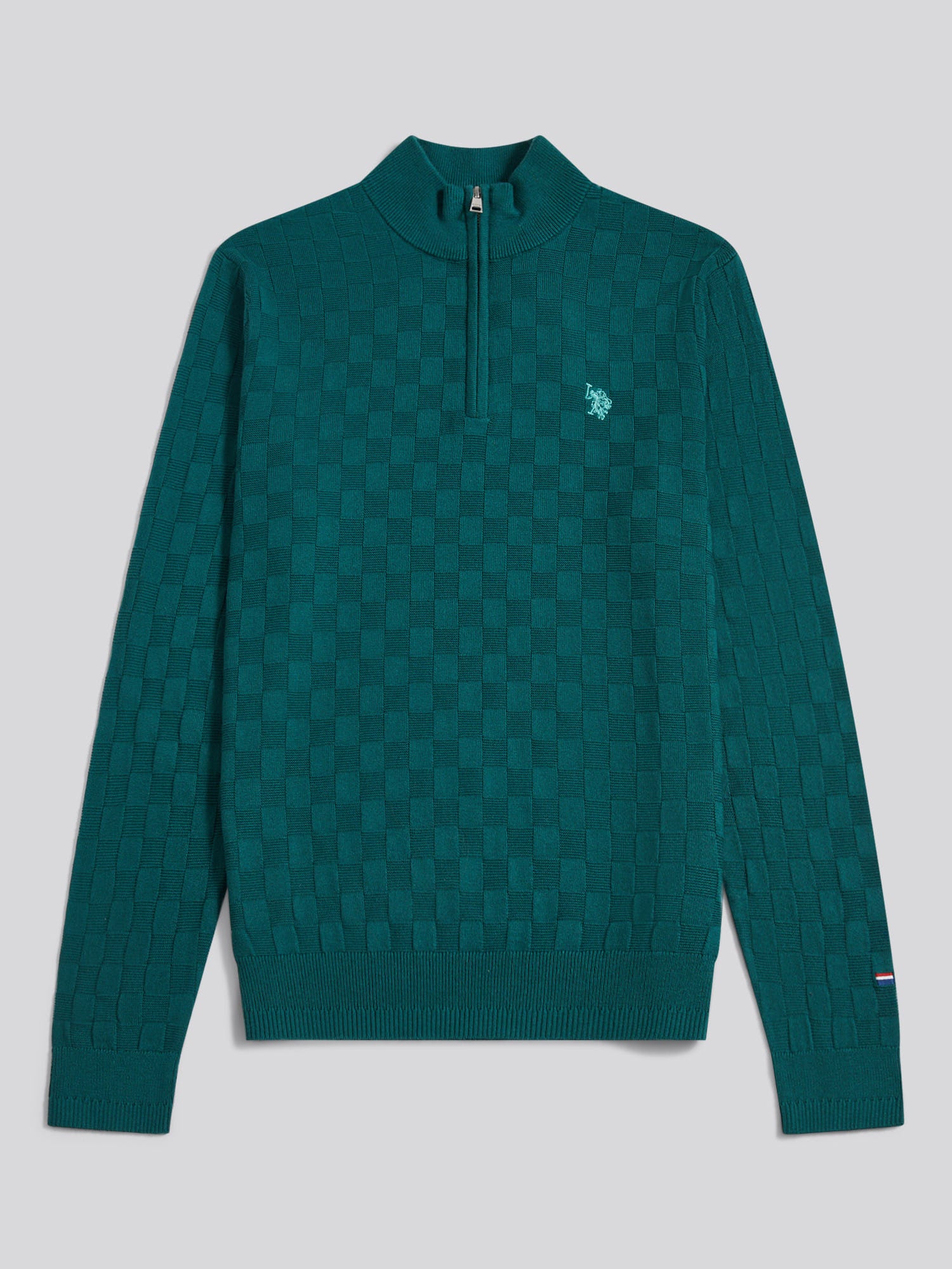 Mens Large Check Knit Quarter Zip Funnel Jumper Mediterranea - Image 5