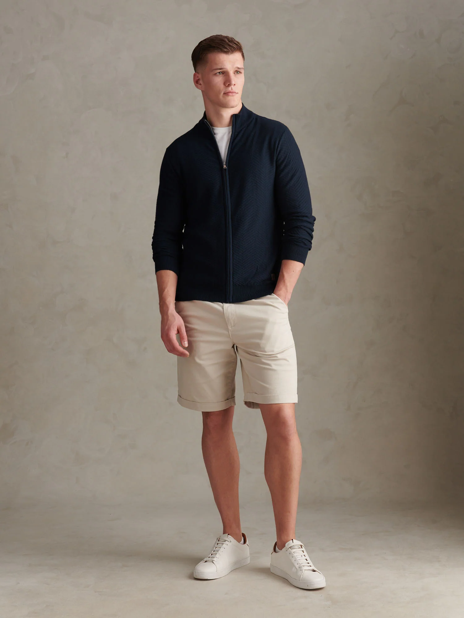 Mens Herringbone Full Zip Funnel Jumper Dark Sapphire Navy - Image 3