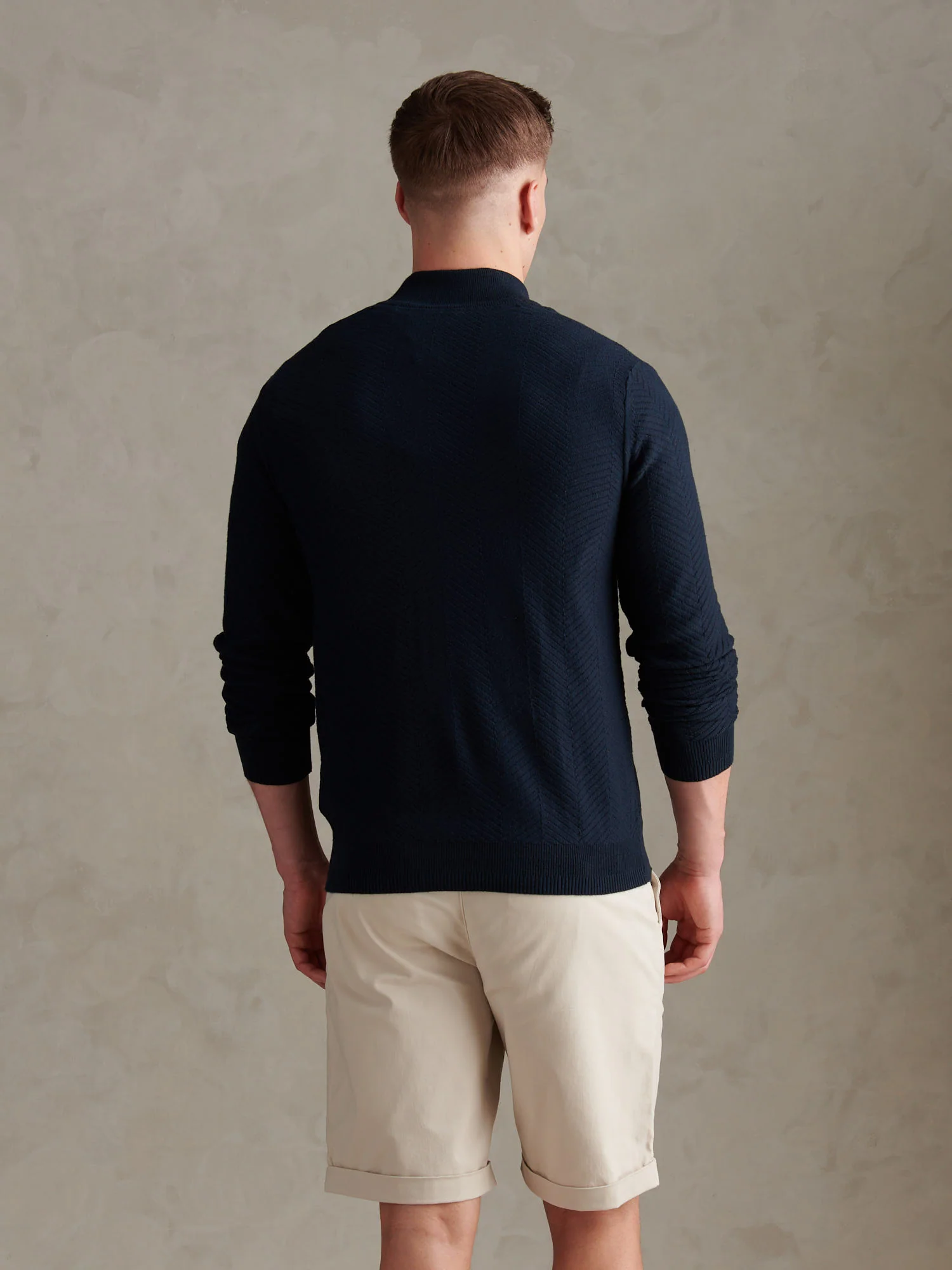 Mens Herringbone Full Zip Funnel Jumper Dark Sapphire Navy - Image 4