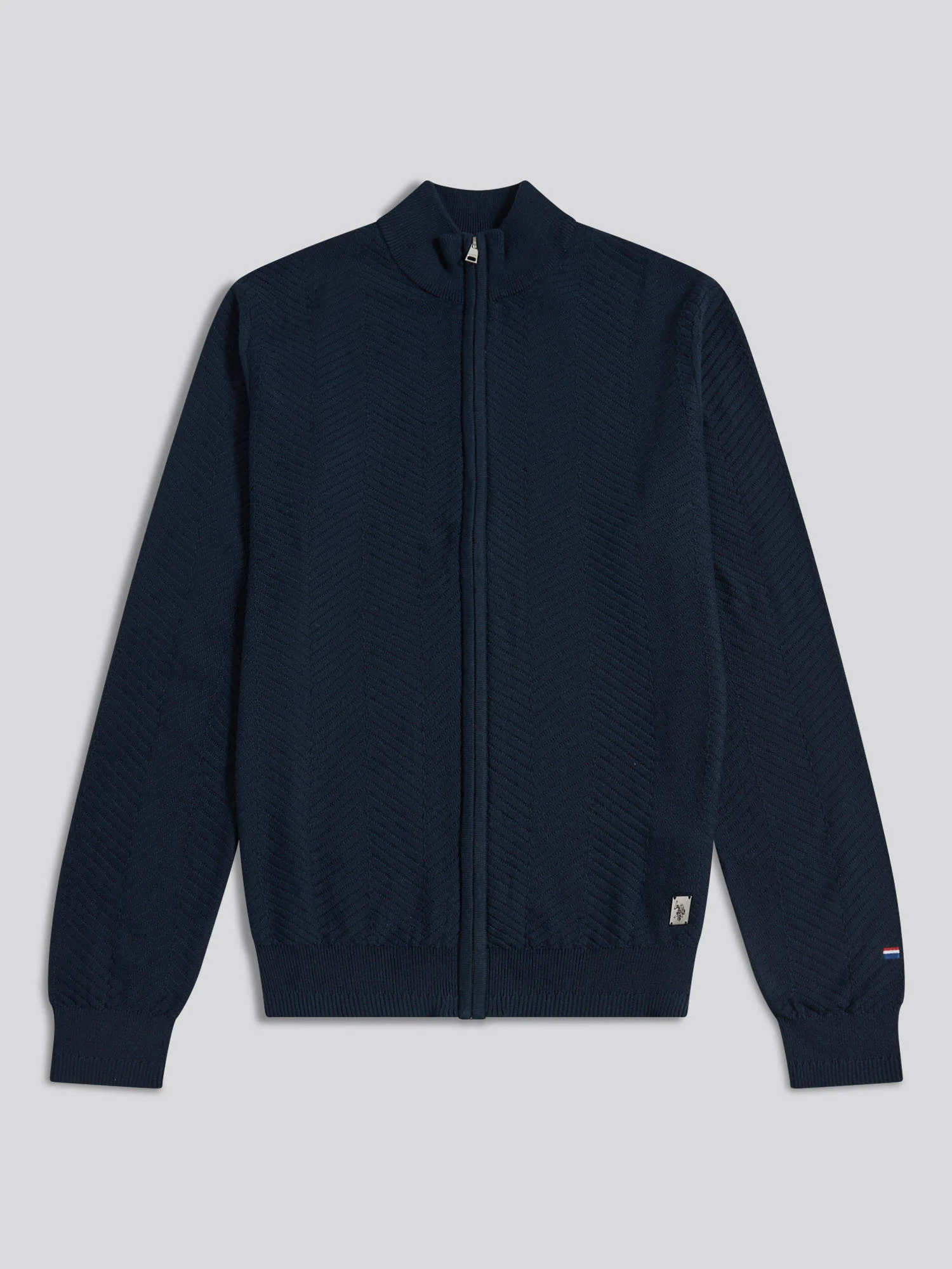 Mens Herringbone Full Zip Funnel Jumper Dark Sapphire Navy - Image 5
