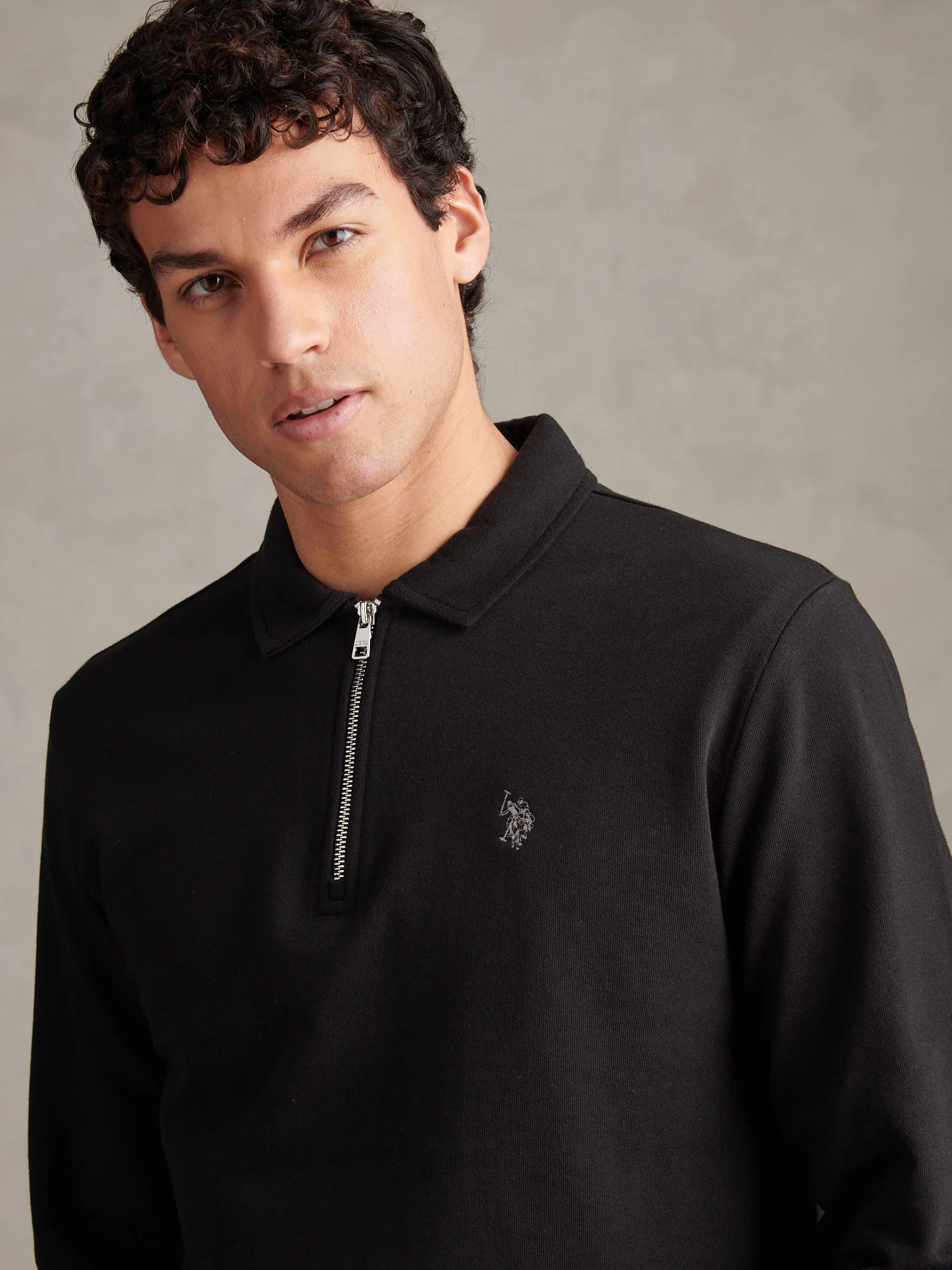 Mens Loopback Zip Polo Sweatshirt Black - Image 2