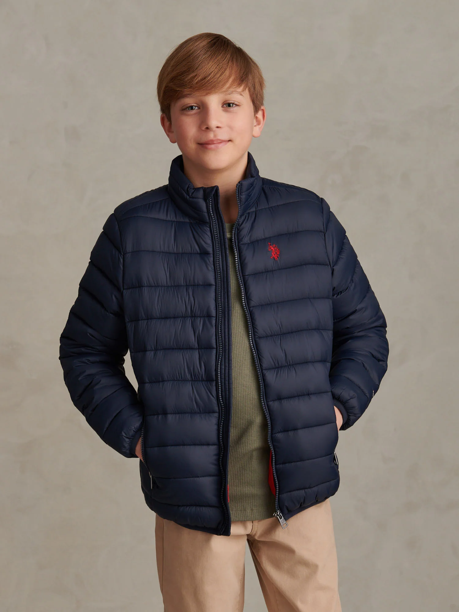 Boys Lightweight Quilted Jacket Dark Sapphire Navy / Haute Red DHM
