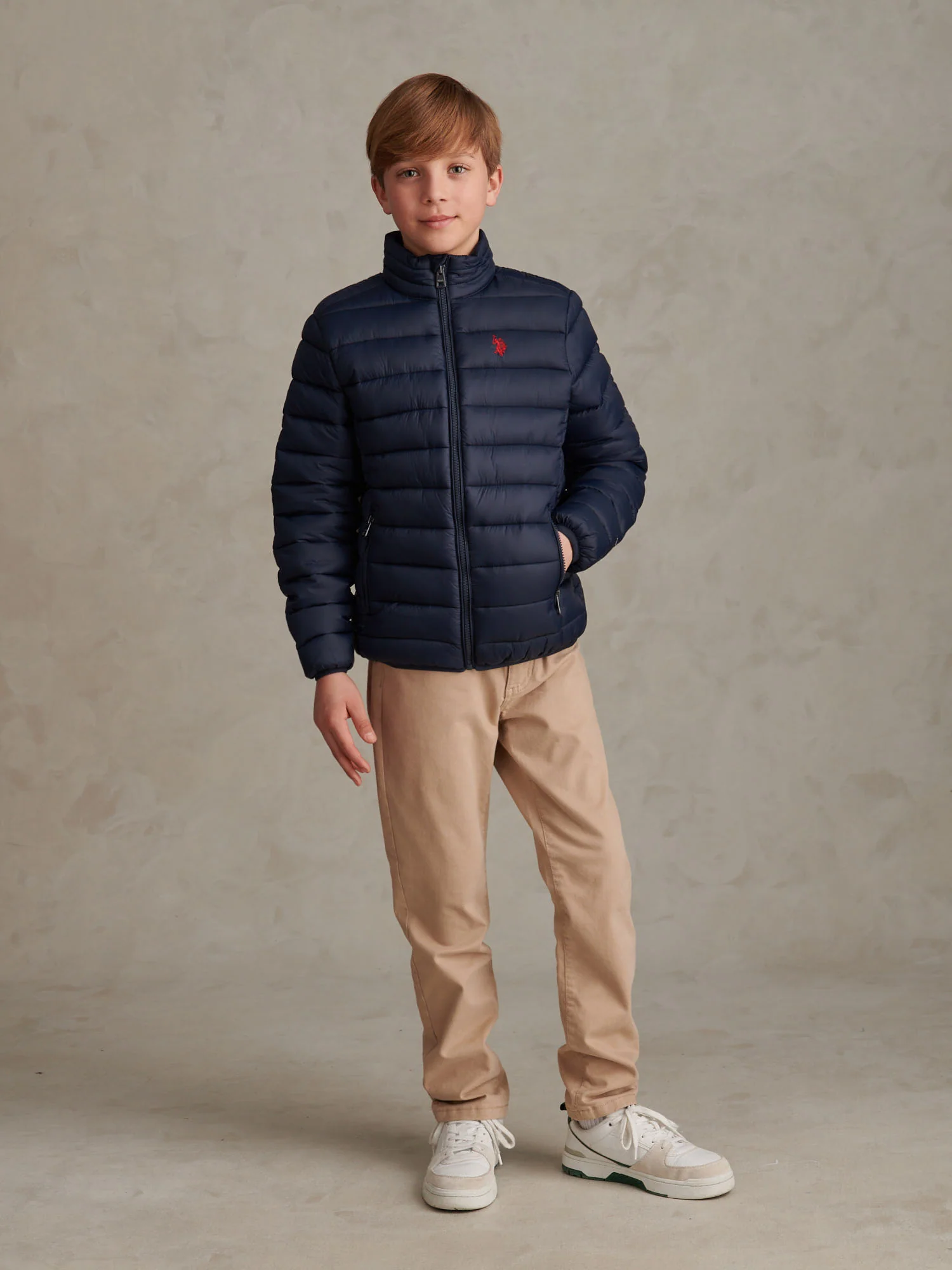 Boys Lightweight Quilted Jacket Dark Sapphire Navy / Haute Red DHM - Image 3