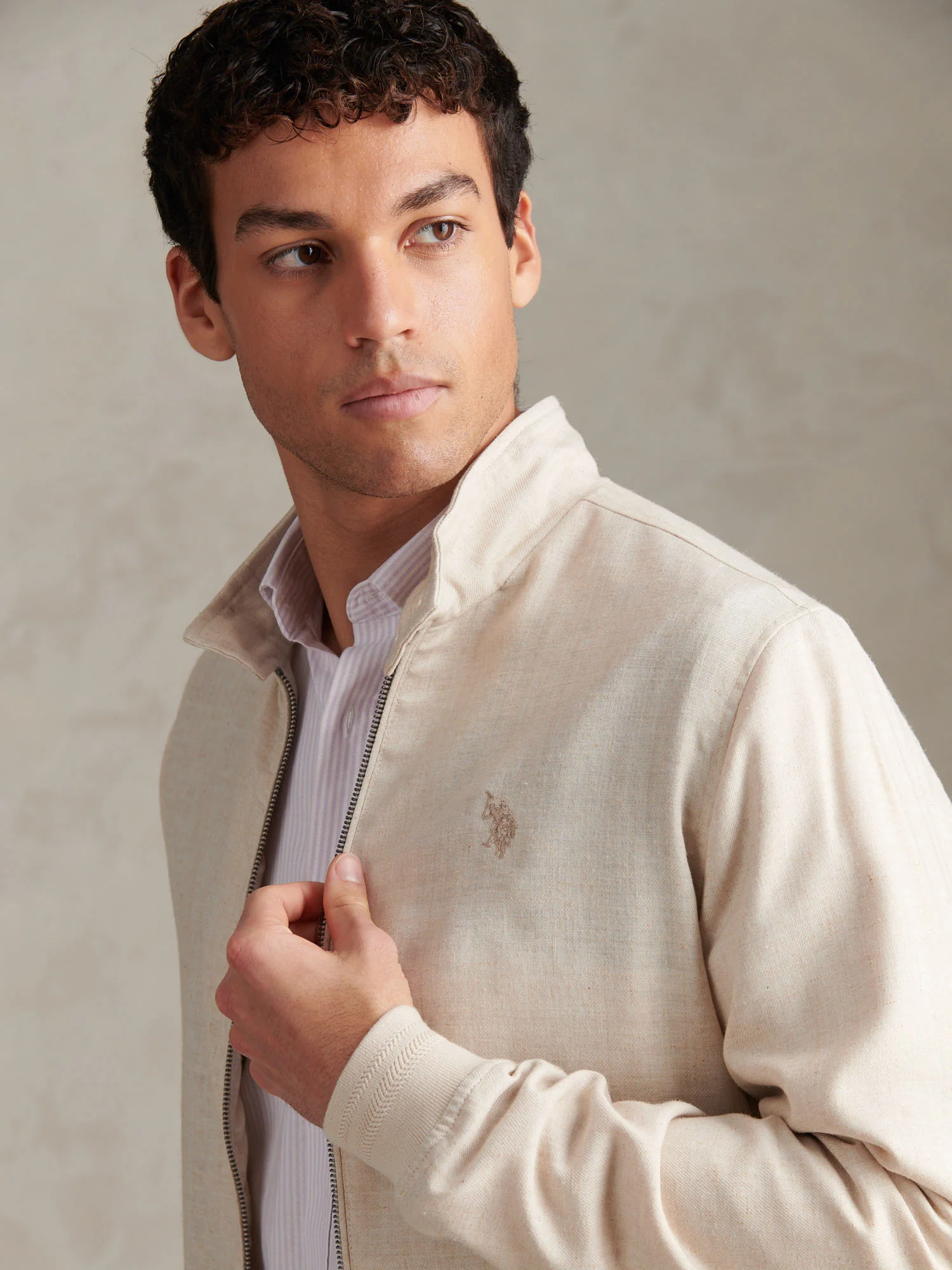 Mens Linen Blend Harrington Jacket Beige - Image 2