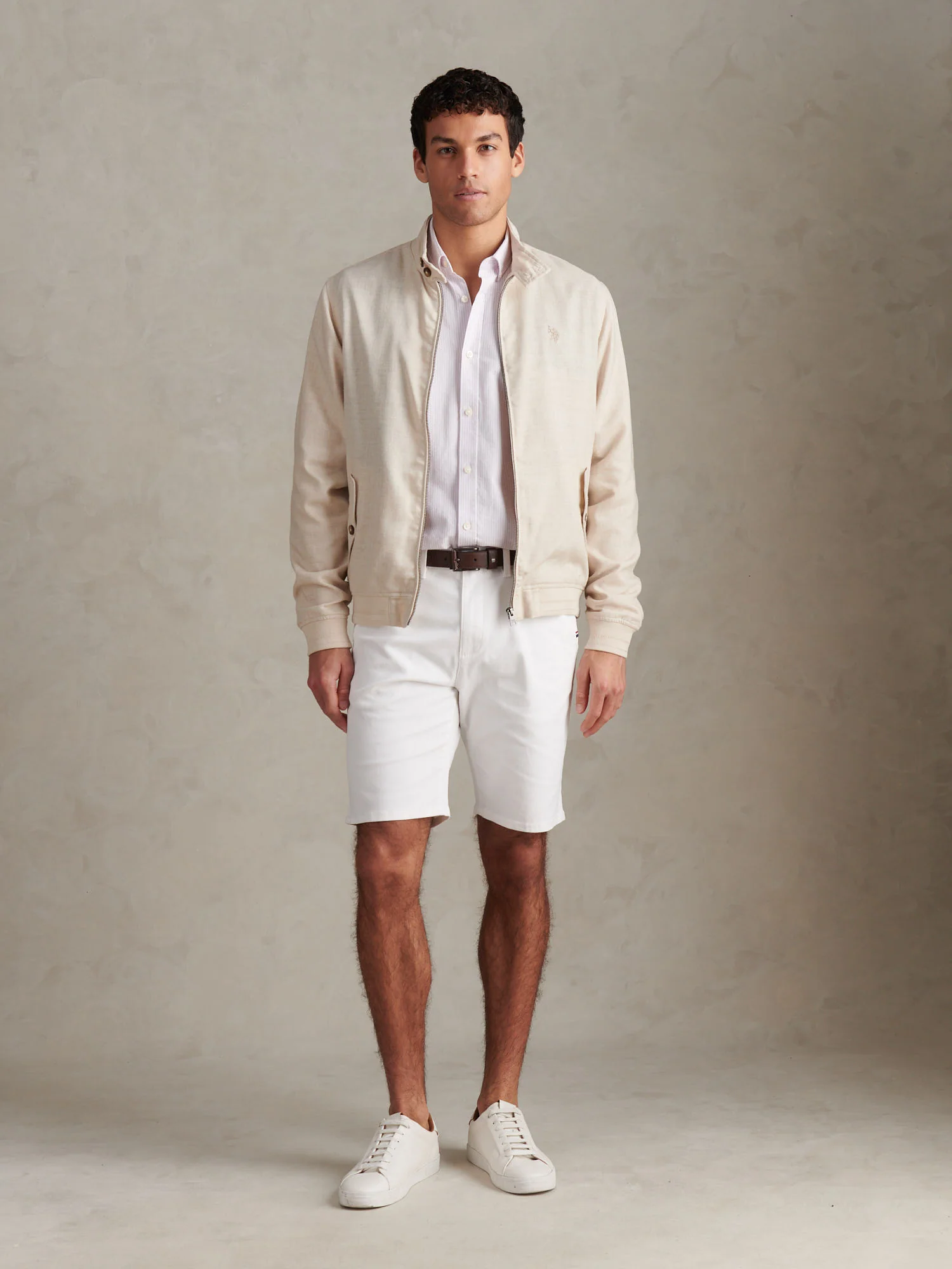 Mens Linen Blend Harrington Jacket Beige - Image 3
