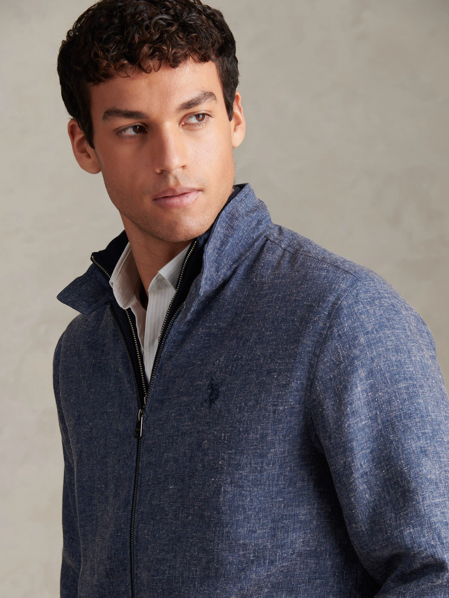 Mens Linen Blend Harrington Jacket Dark Sapphire Navy / Moonlight Blue DHM - Image 2