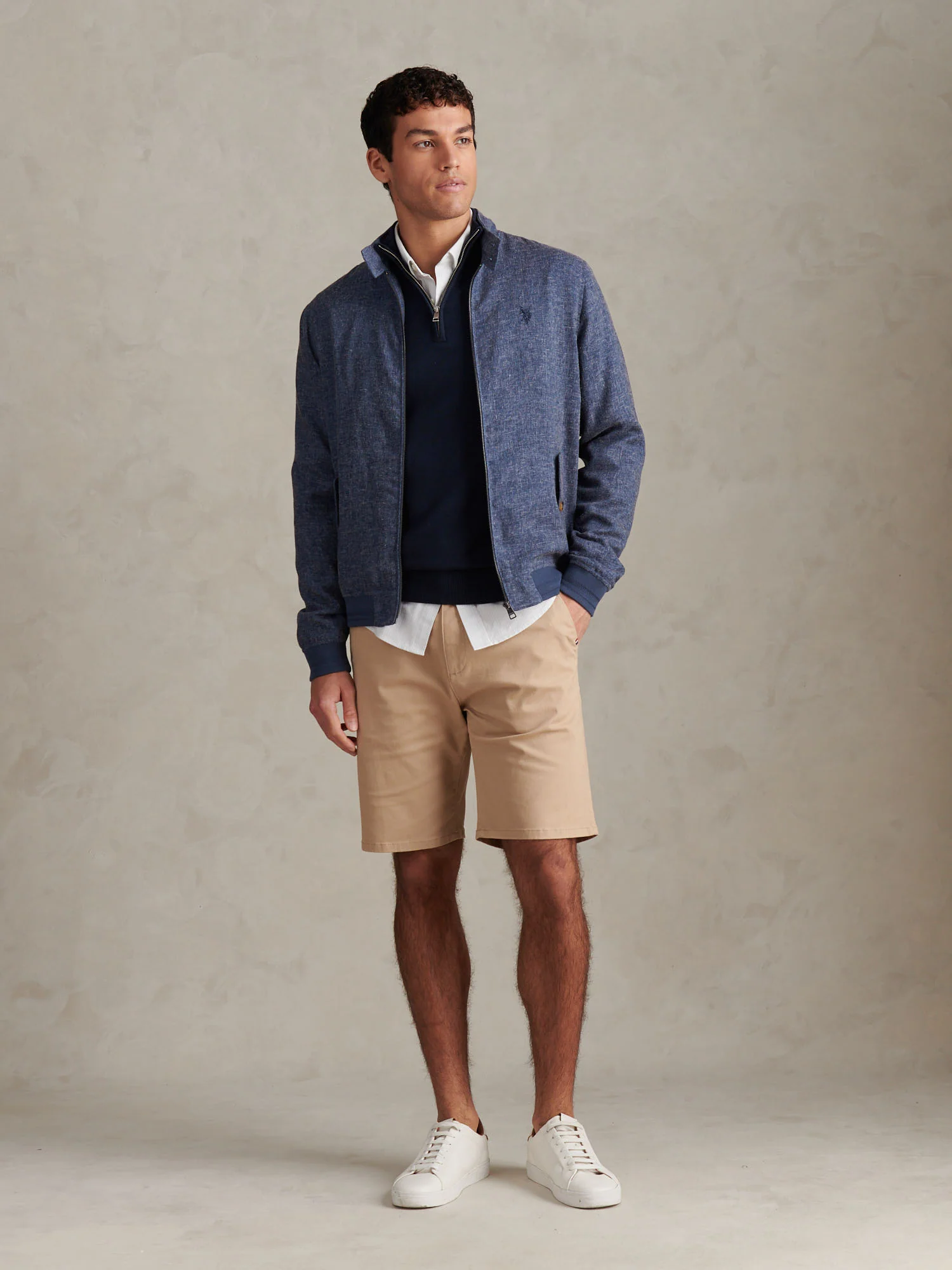 Mens Linen Blend Harrington Jacket Dark Sapphire Navy / Moonlight Blue DHM - Image 3