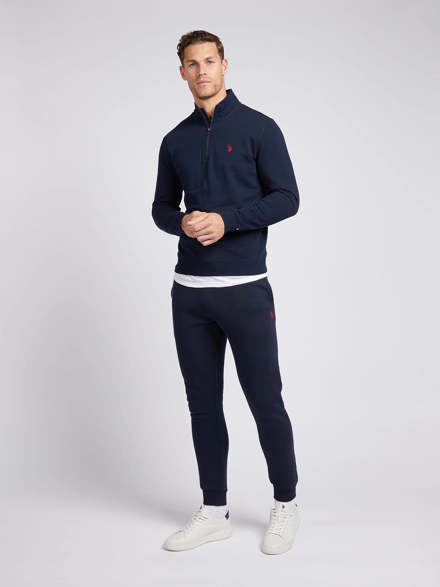 Męskie 1/4 bluza z suwakiem w ciemnym szafirowym granatowym/haute czerwonym DHM - Image 3