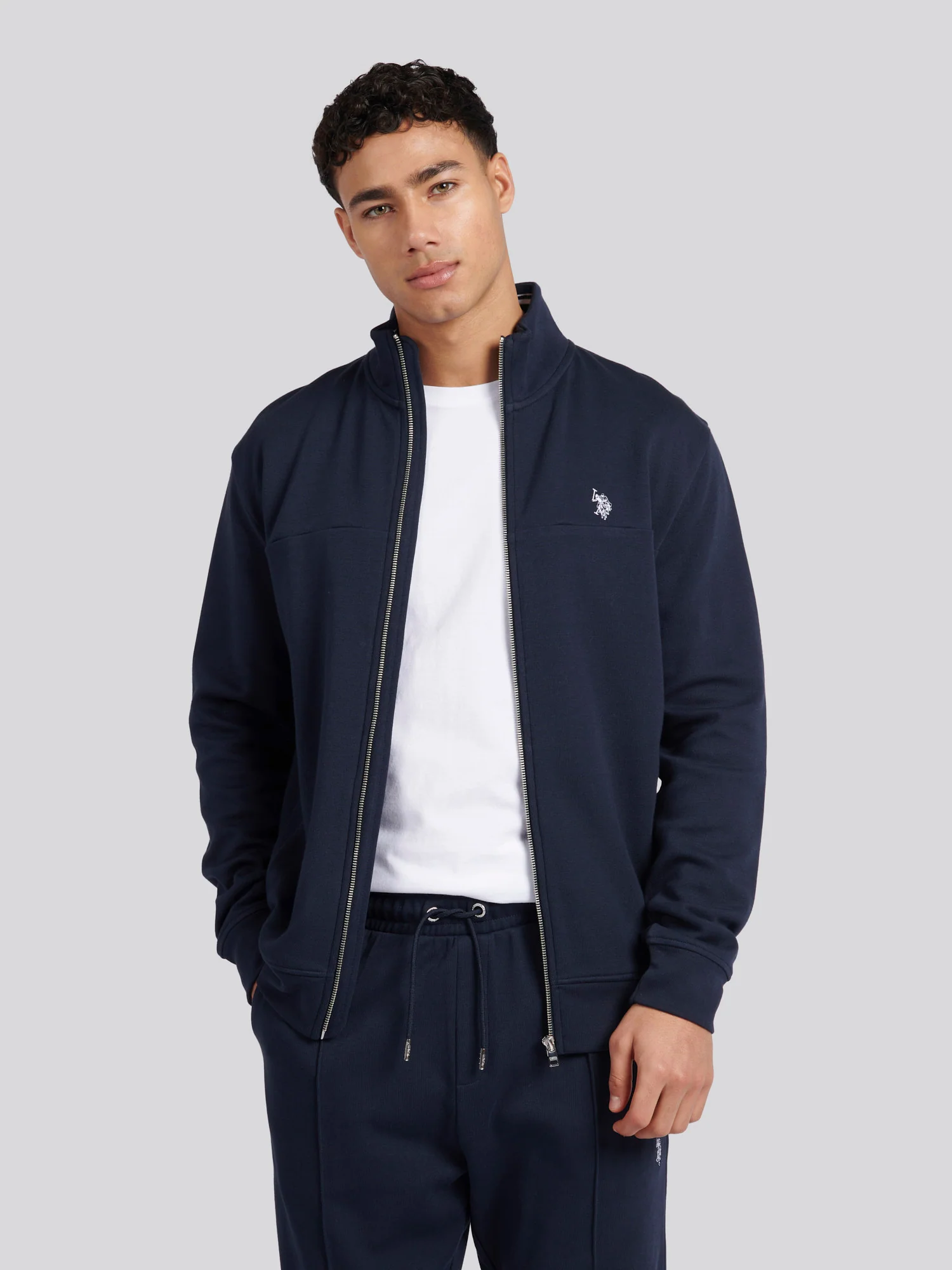 Mens Luxe Double Horsemen Zip Through Funnel Sweatshirt Dark Sapphire Navy / White DHM - Image 5