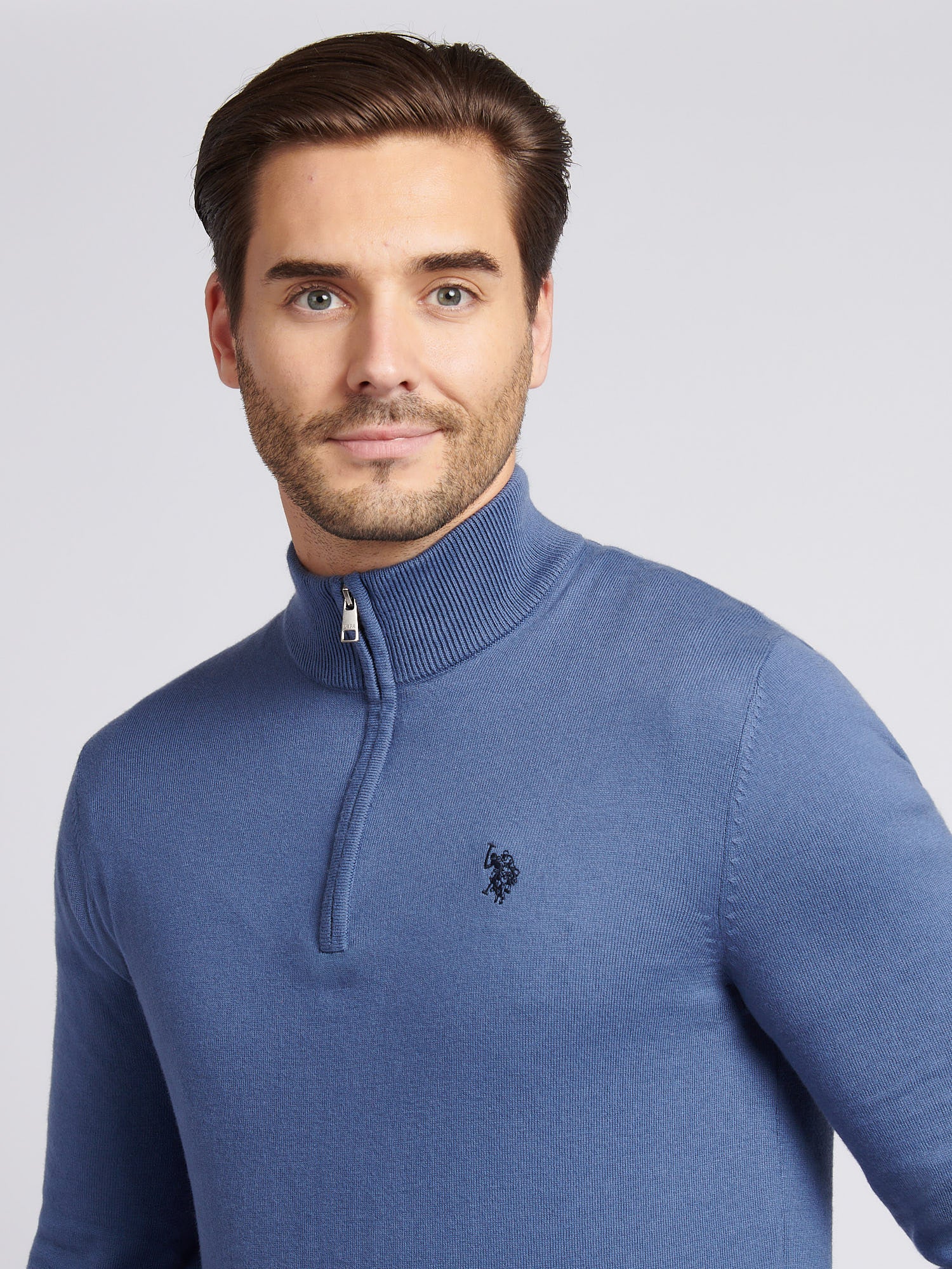 Męski bawełniany lejek szyja 1/4 zip dzianina w vintage Indigo - Image 2