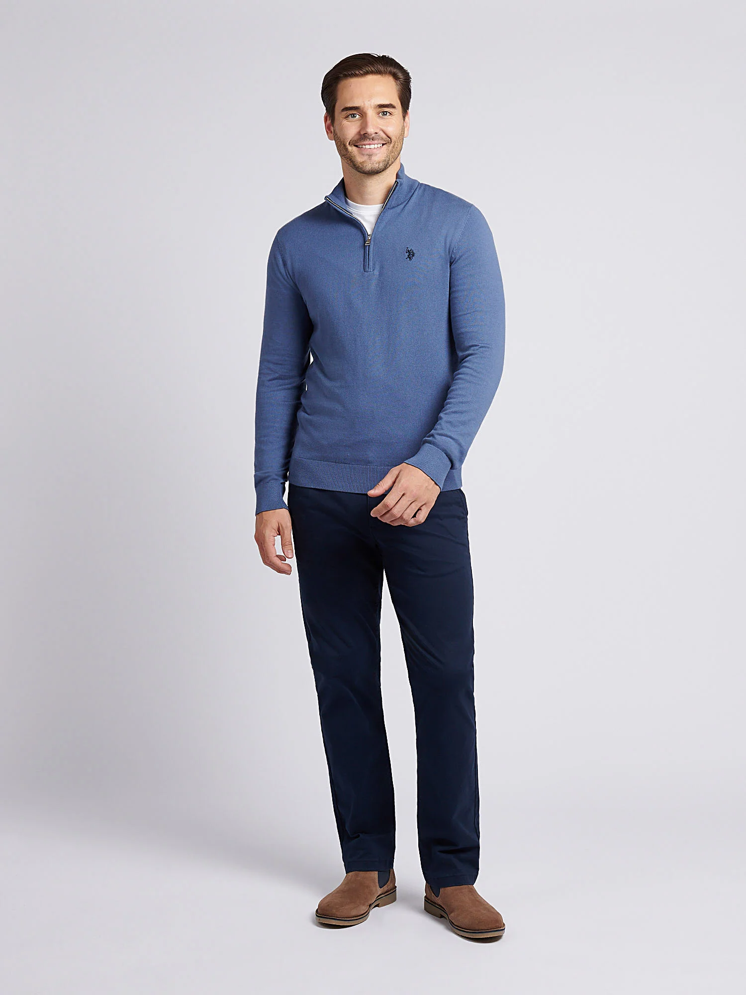 Męski bawełniany lejek szyja 1/4 zip dzianina w vintage Indigo - Image 3