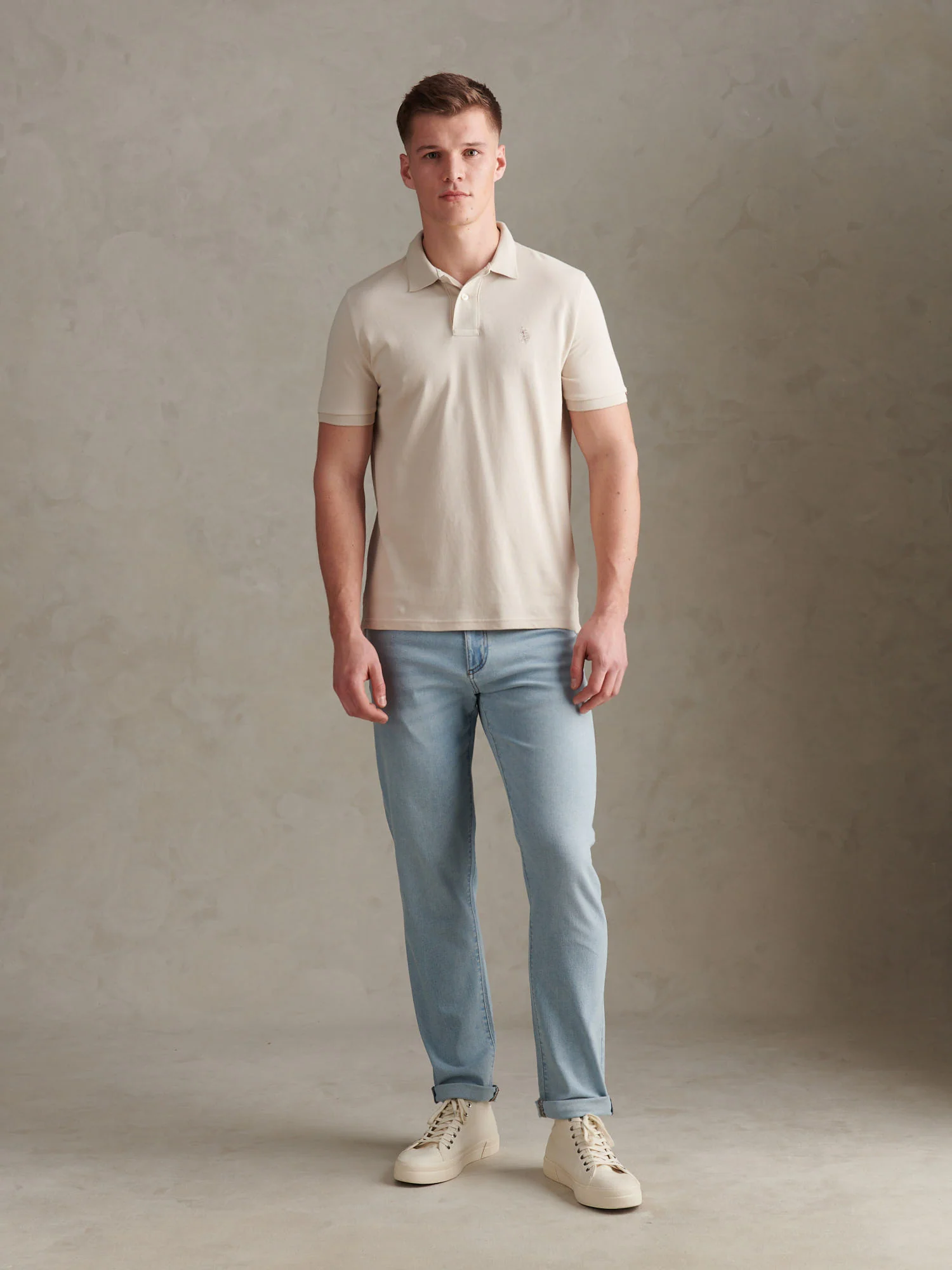 Mens Pique Polo Shirt Beige - Image 3