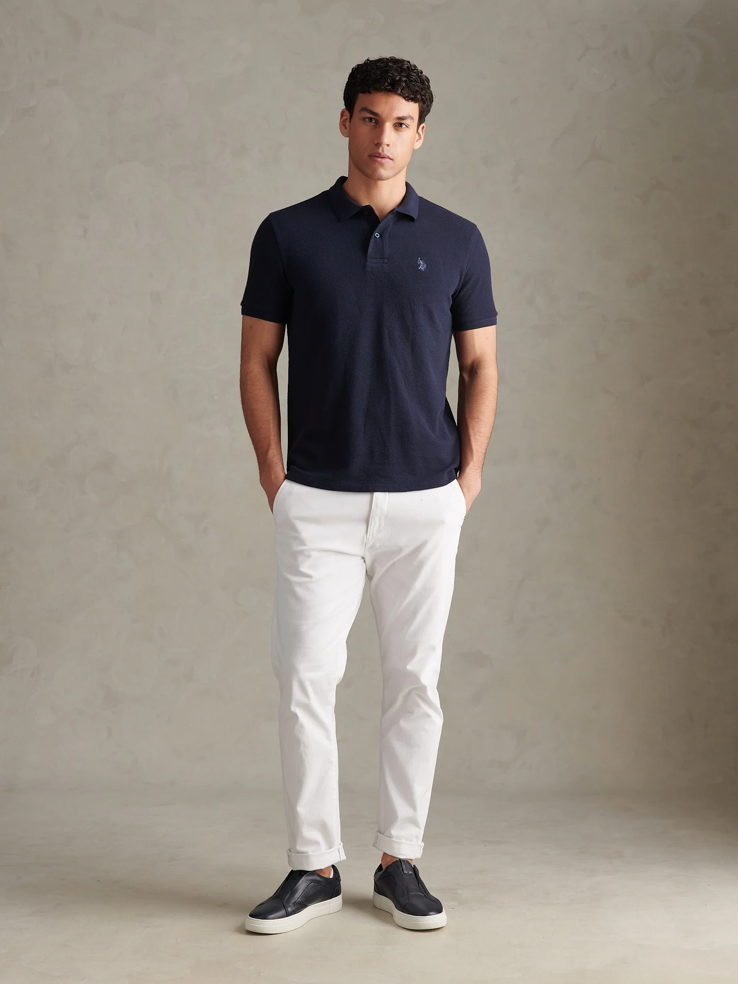 Tekstura męska Terry Polo Shirt w ciemnym szafirowym granatowym/księżycowym światło niebieskim dhm - Image 3