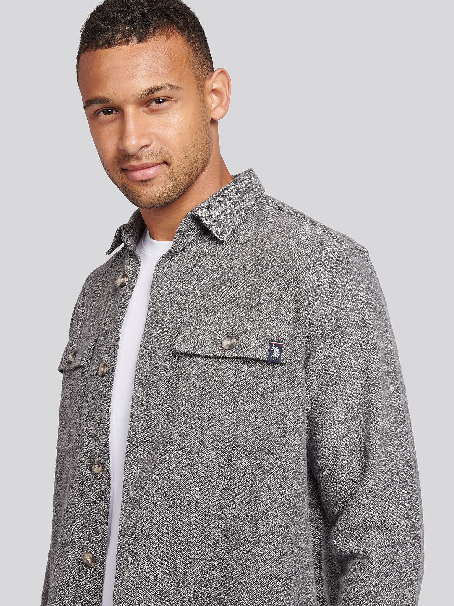 Mens Tekstured Herringbone Asshirt w środkowej szarej margle - Image 2