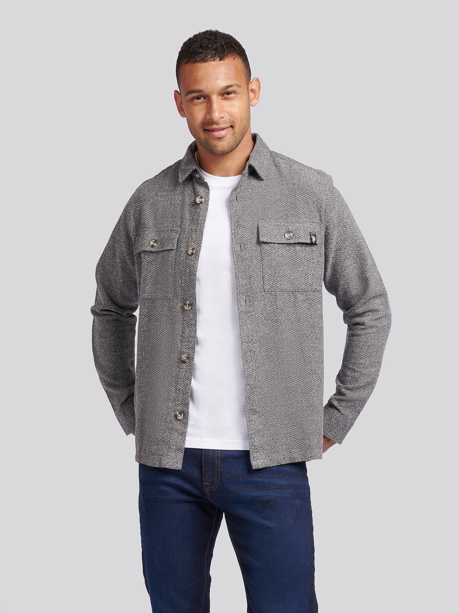 Mens Tekstured Herringbone Asshirt w środkowej szarej margle - Image 5