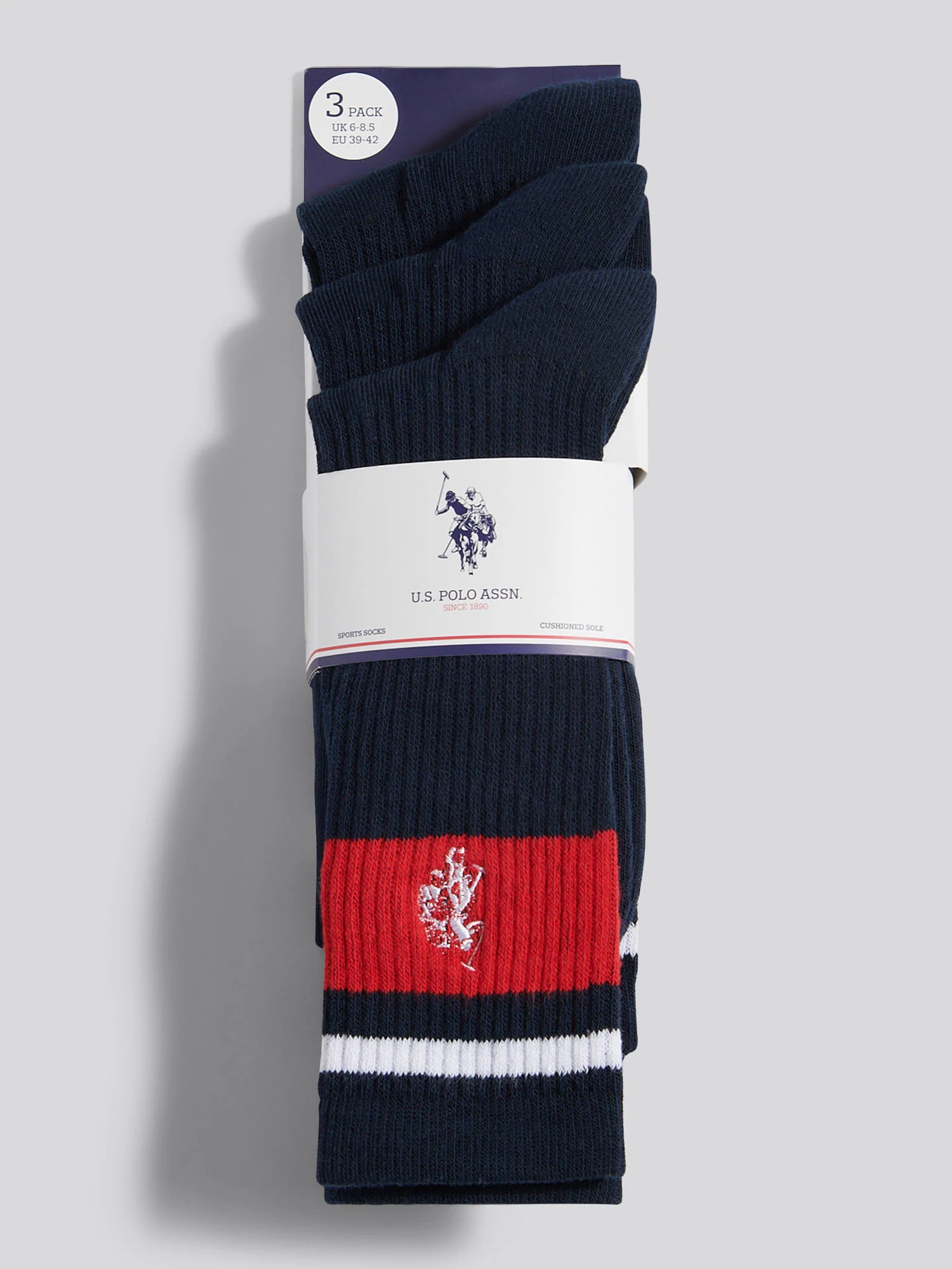 Mens Three Pack Brand Stripe Sports Socks in Dark Sapphire Navy - Image 3