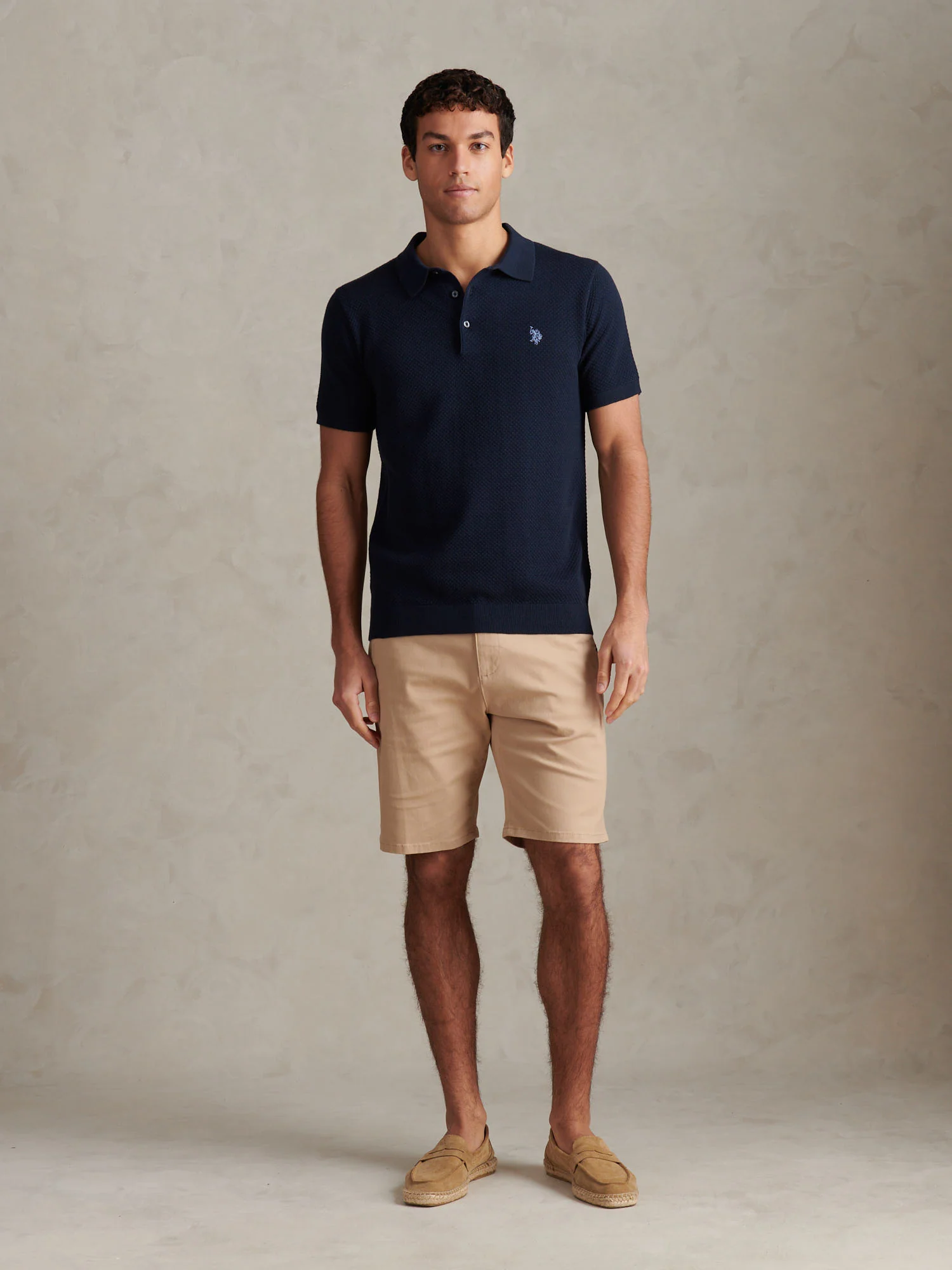 Mens Moss Stitch Knit Polo Shirt Dark Sapphire Navy - Image 3