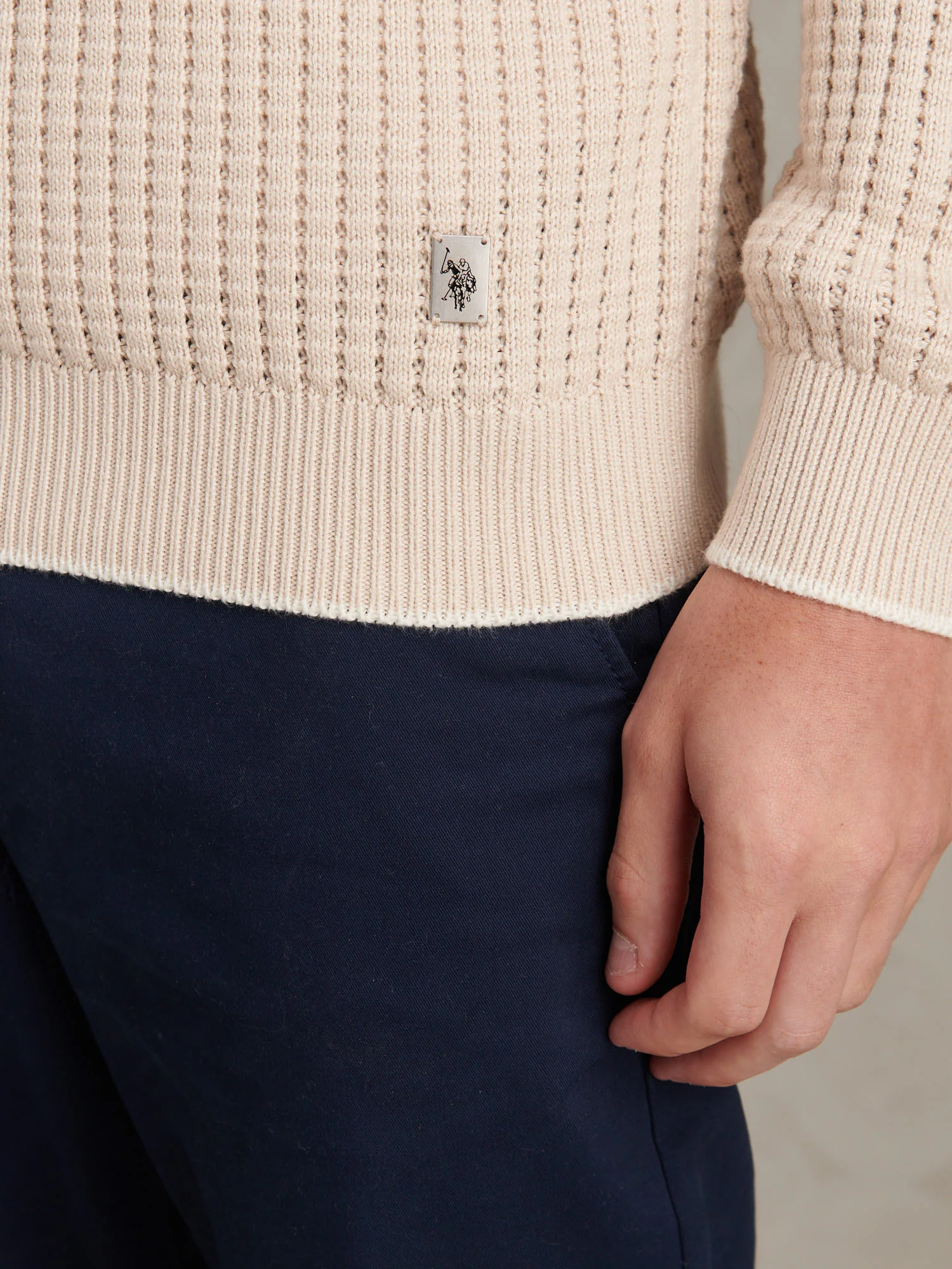 Mens Open Knit Quarter Zip Funnel Jumper Beige - Image 2