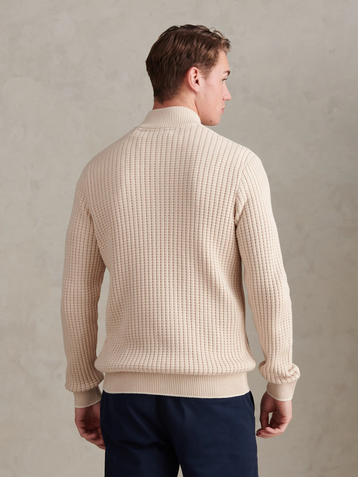 Mens Open Knit Quarter Zip Funnel Jumper Beige - Image 4