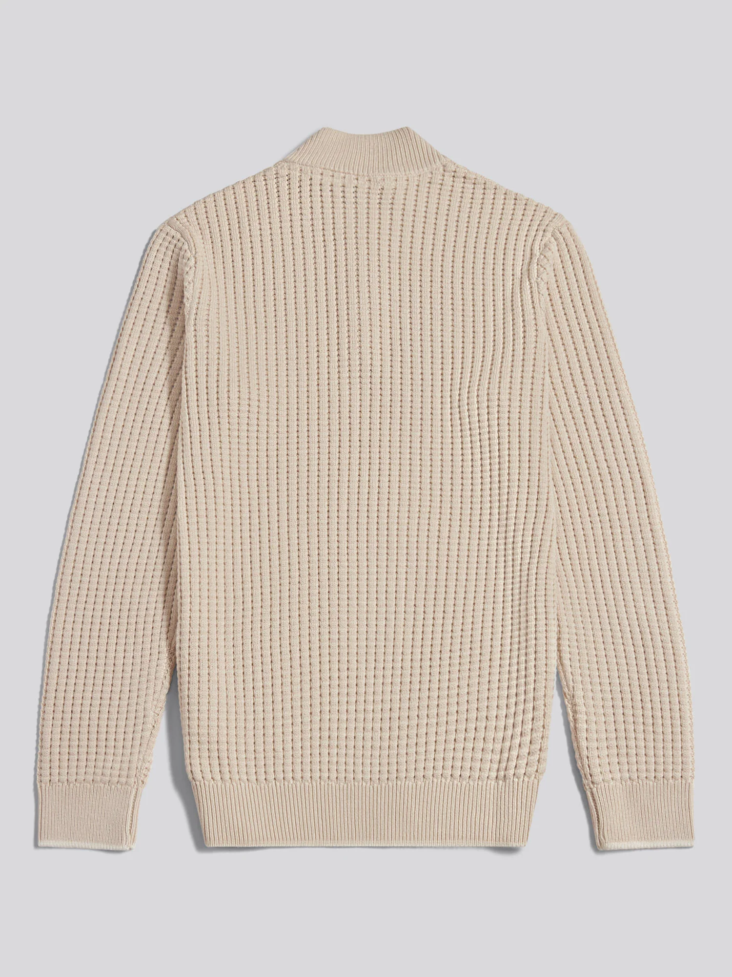 Mens Open Knit Quarter Zip Funnel Jumper Beige - Image 6