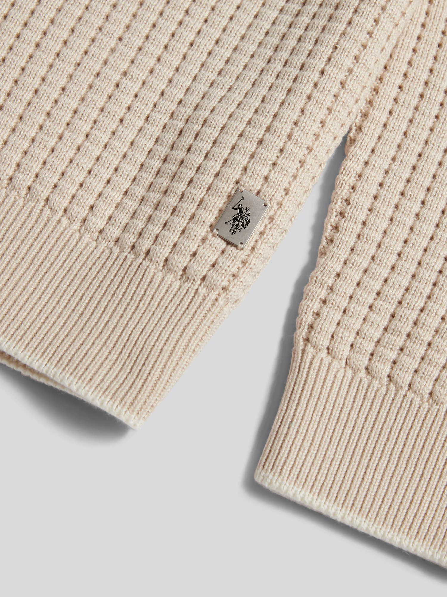 Mens Open Knit Quarter Zip Funnel Jumper Beige - Image 7