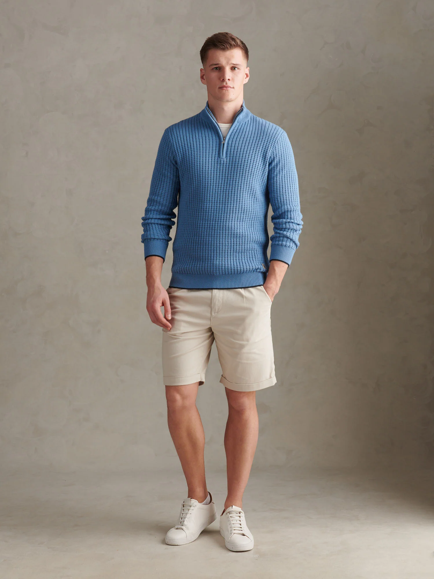 Mens Open Knit Quarter Zip Funnel Jumper Riviera - Image 3