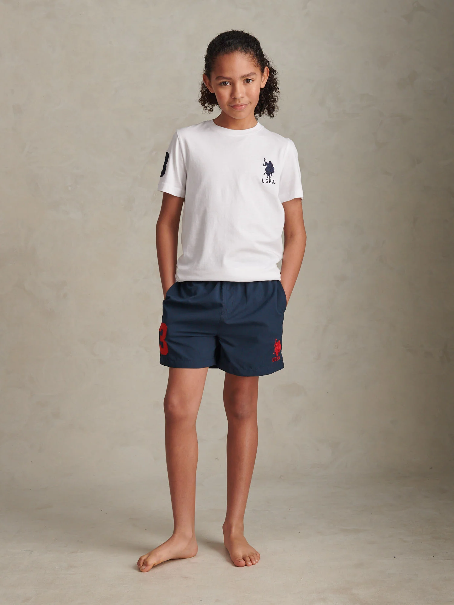 Boys Player 3 Swim Shorts Dark Sapphire Navy / Haute Red DHM - Image 3