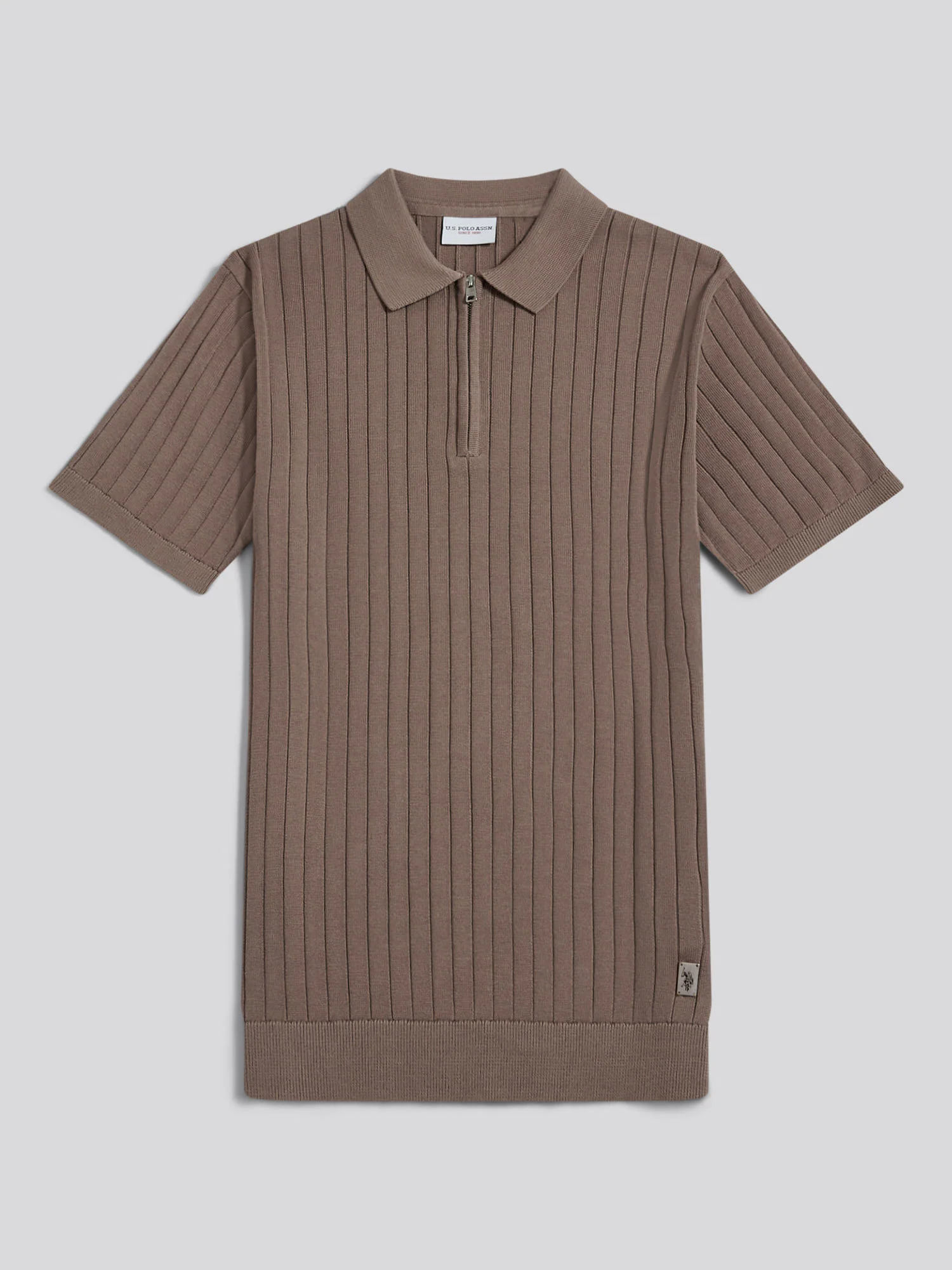Mens Smart Textured Knit Quarter Zip Polo Shirt Walnut