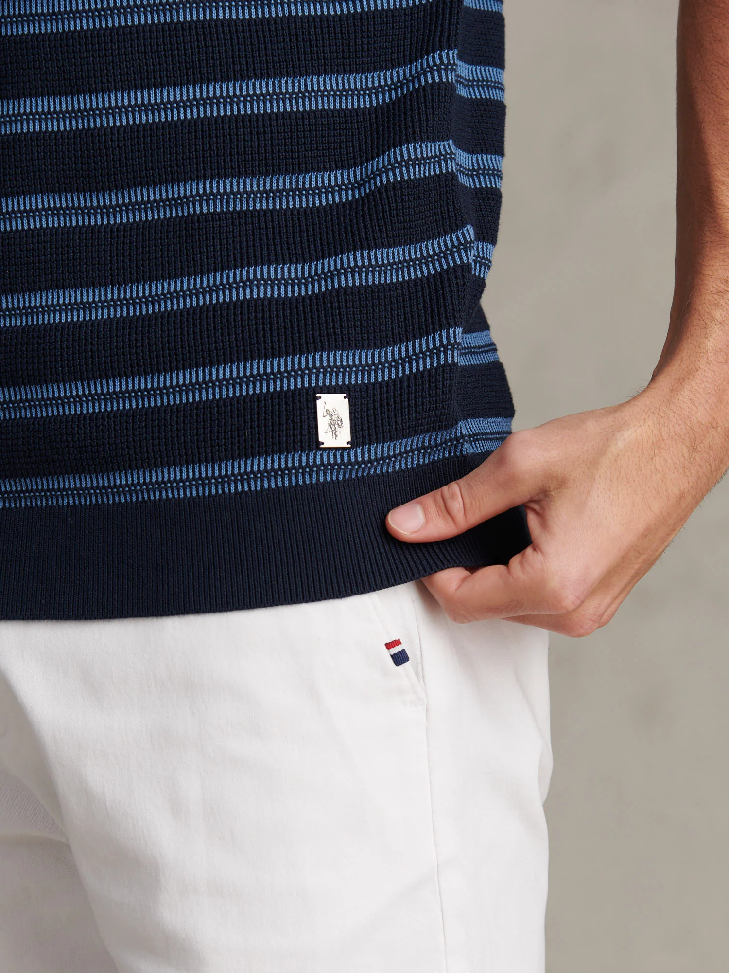 Mens Stripe Open Knit Polo Shirt Dark Sapphire Navy - Image 2