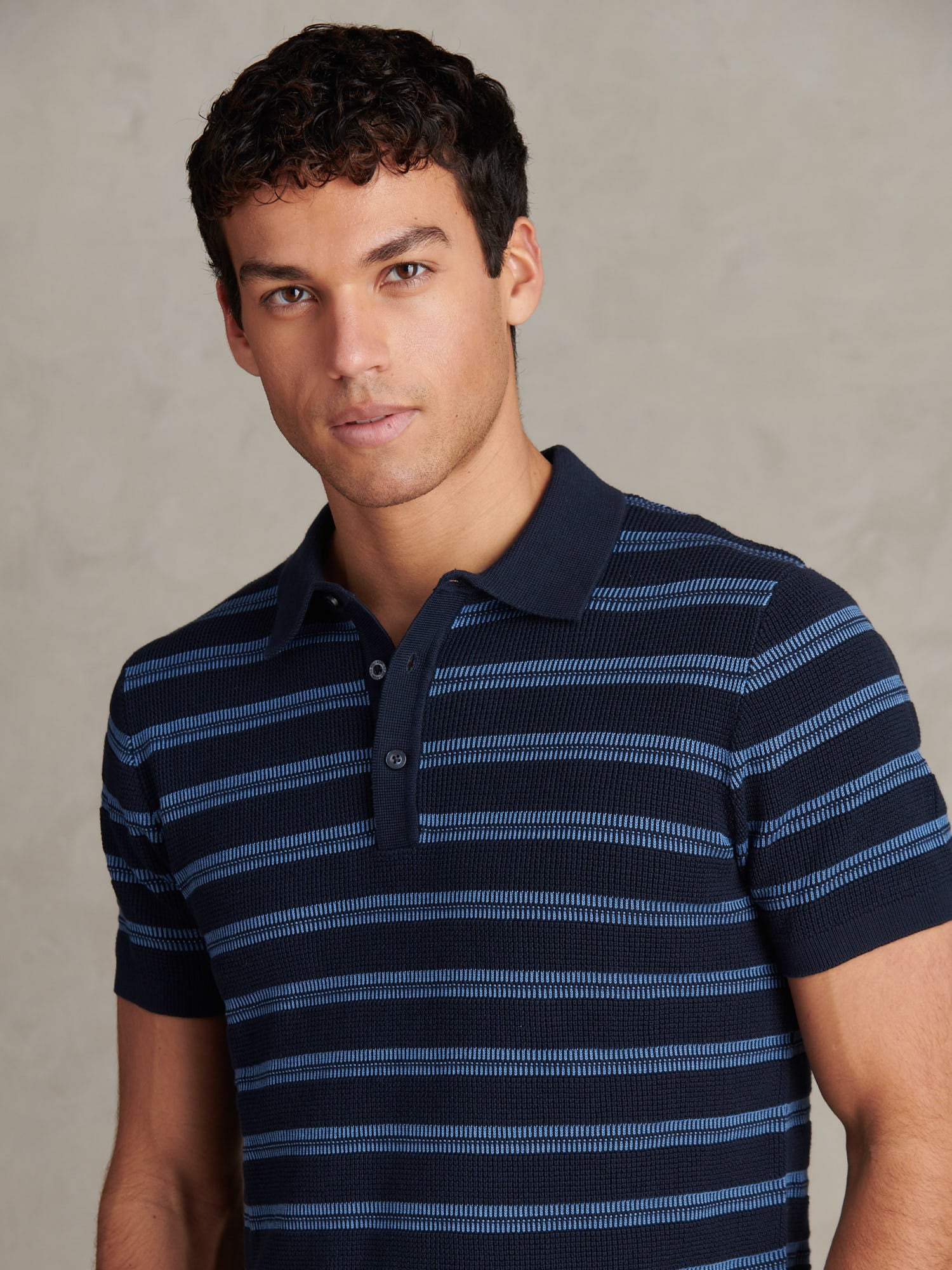 Mens Stripe Open Knit Polo Shirt Dark Sapphire Navy - Image 5