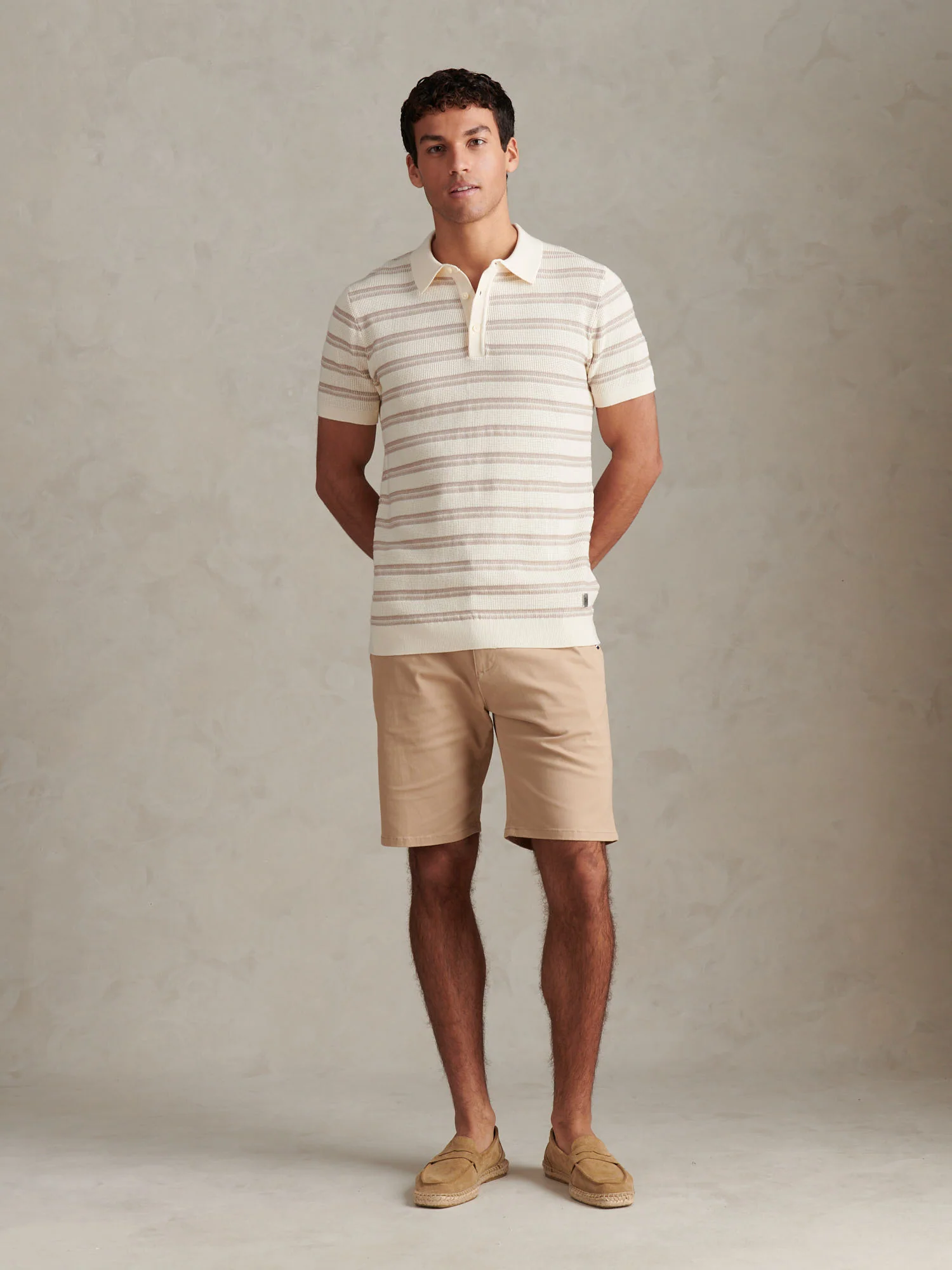 Mens Stripe Open Knit Polo Shirt Whisper White - Image 3