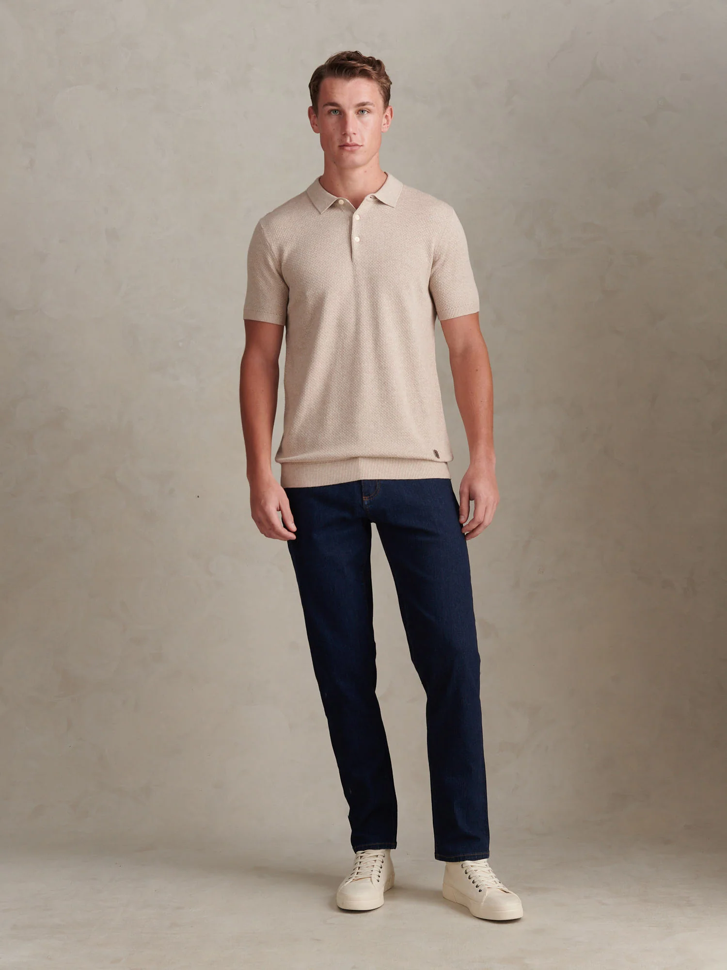 Mens Textured Knit Polo Shirt Atmosphere Marl - Image 3