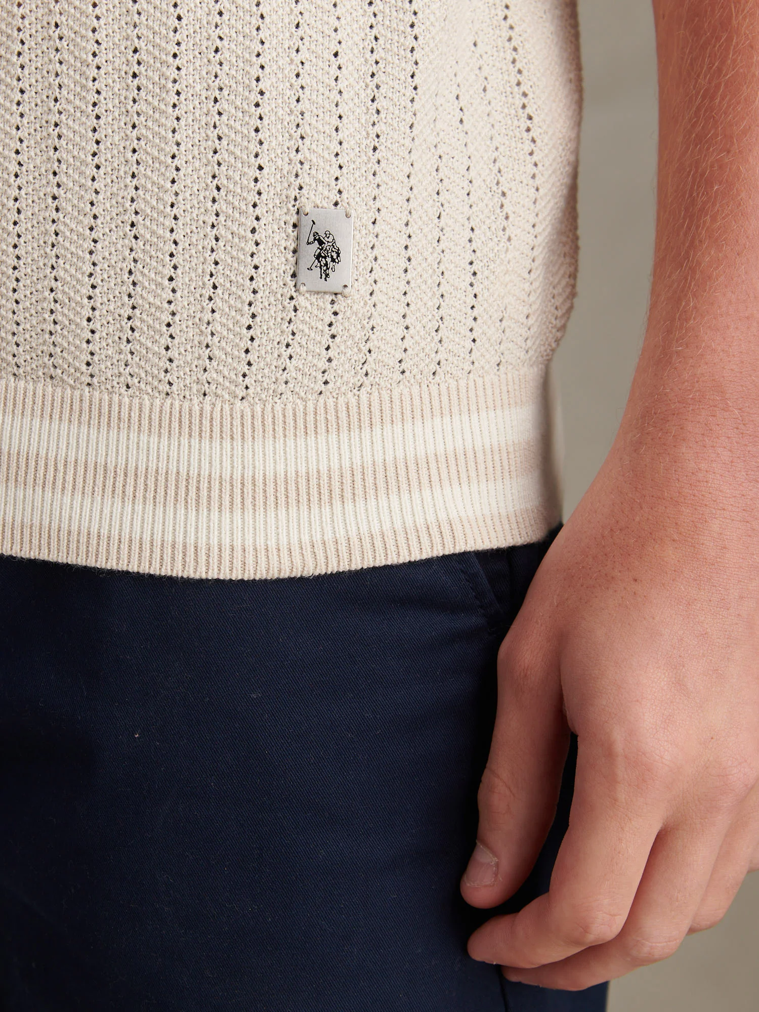 Mens Tipped Open Knit Polo Shirt Beige - Image 2