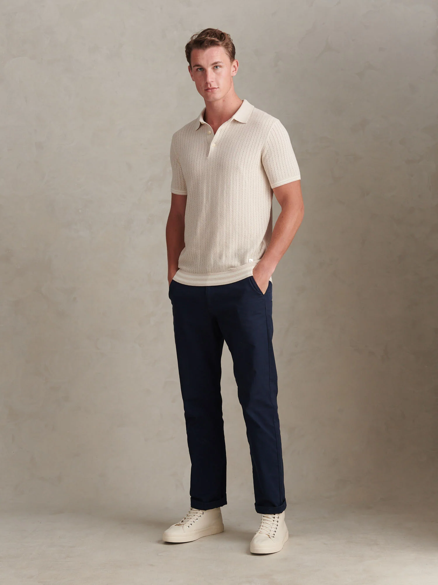 Mens Tipped Open Knit Polo Shirt Beige - Image 3