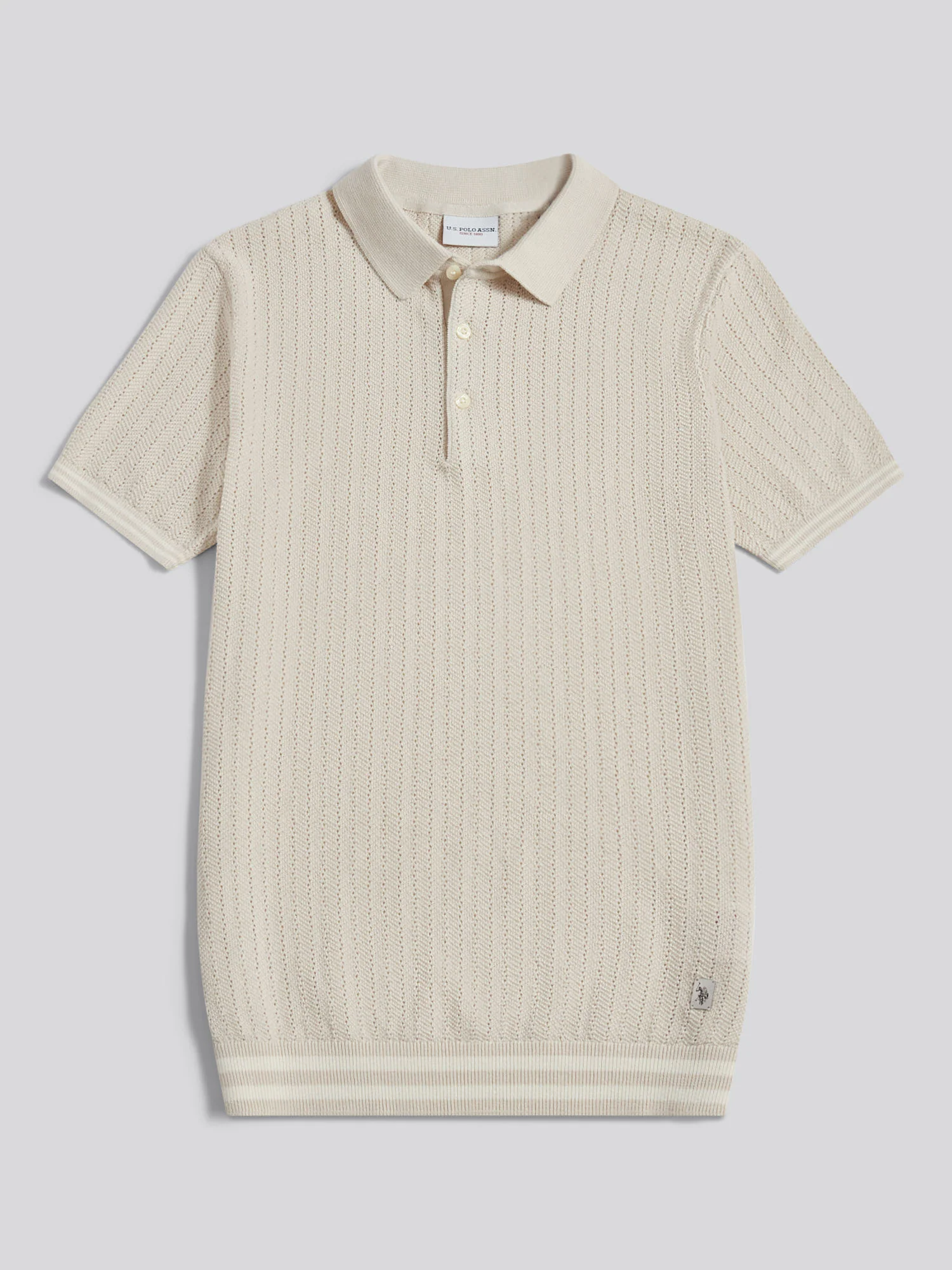 Mens Tipped Open Knit Polo Shirt Beige - Image 5