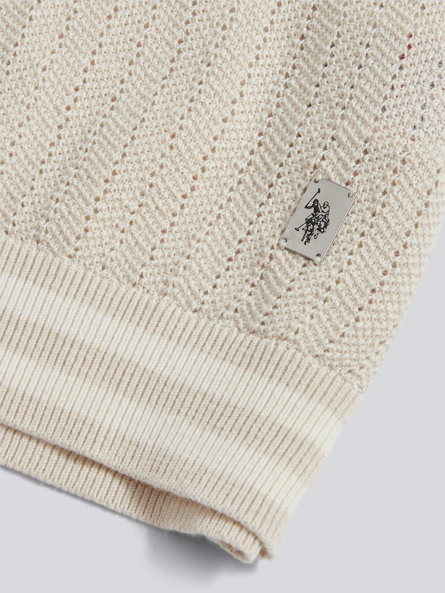 Mens Tipped Open Knit Polo Shirt Beige - Image 7