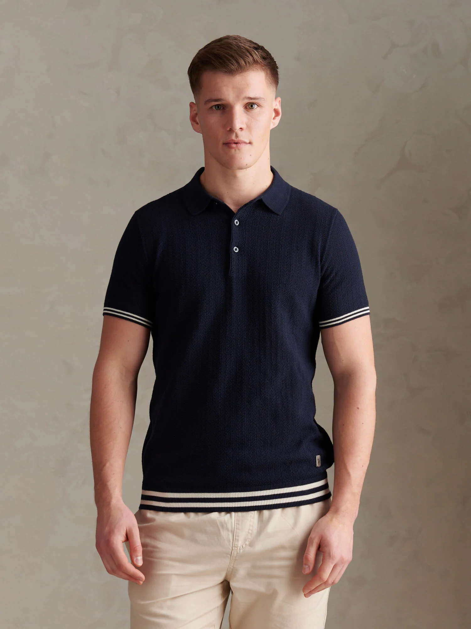 Mens Tipped Open Knit Polo Shirt Dark Sapphire Navy